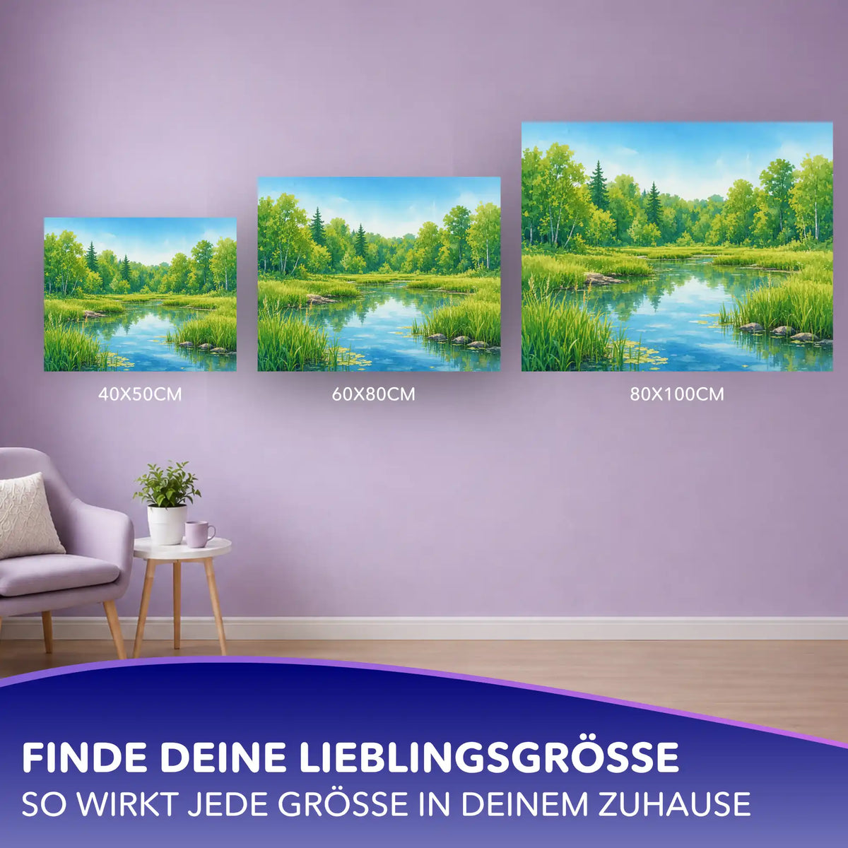 Malen nach Zahlen für Erwachsene: Aquarell des Sommers mit Flusslandschaft in verschiedenen Größen an einer Wand.
