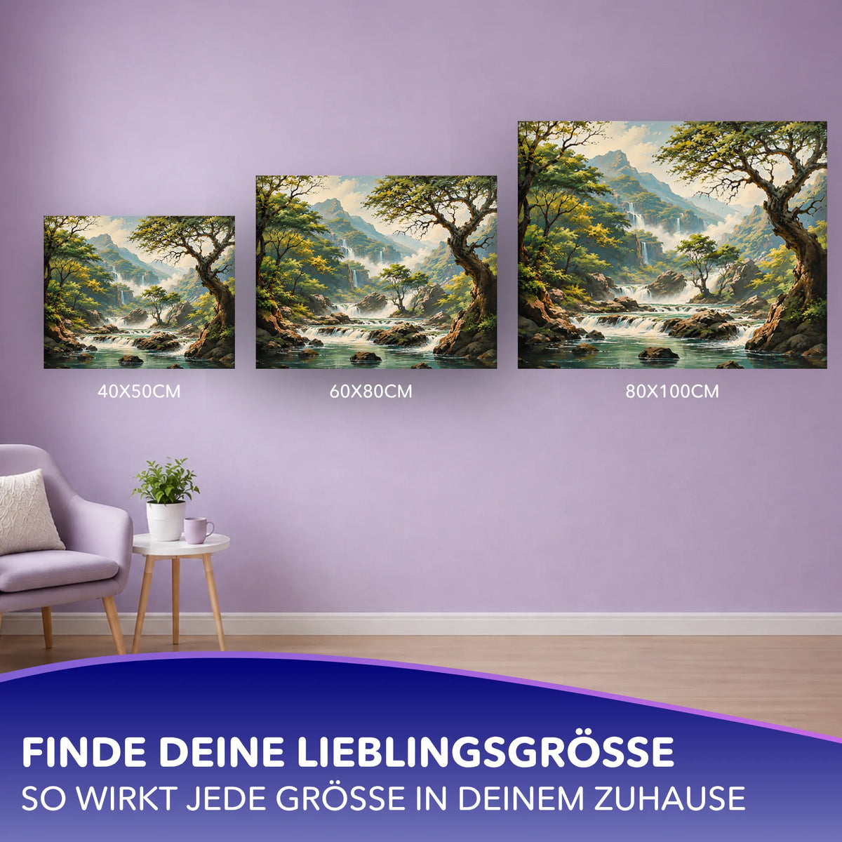 Malen nach Zahlen für Erwachsene: Tal der tausend Wasserfälle in drei Leinwandgrößen zur Dekoration an der Wand.