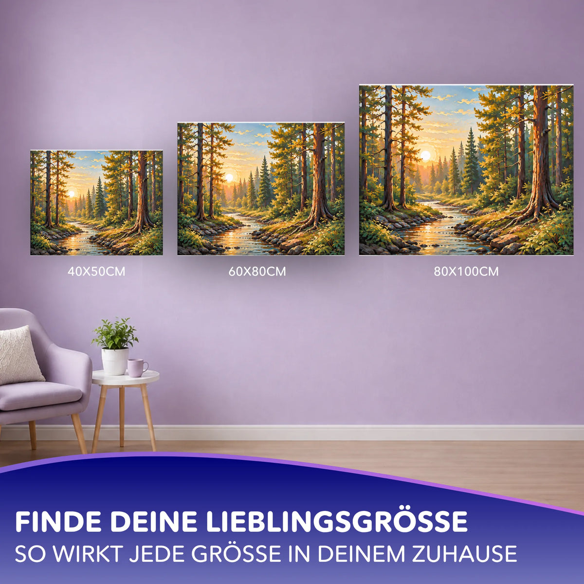 Malen nach Zahlen für Erwachsene: Wald-Landschaft mit Fluss im Sonnenuntergang in verschiedenen Größen an der Wand.
