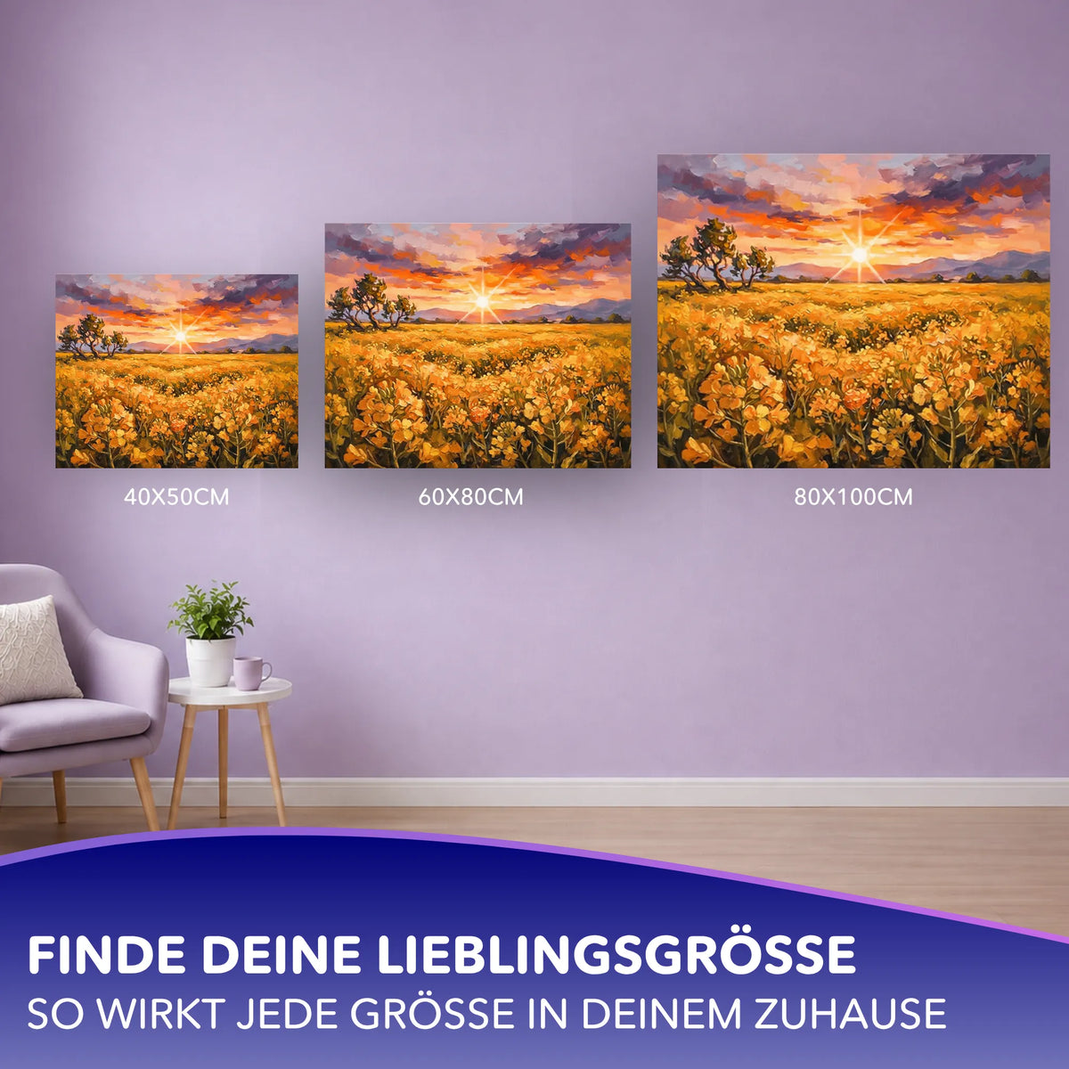 Malen nach Zahlen für Erwachsene Motiv Feld aus Gold in drei verschiedenen Größen an einer Wand im Wohnzimmer