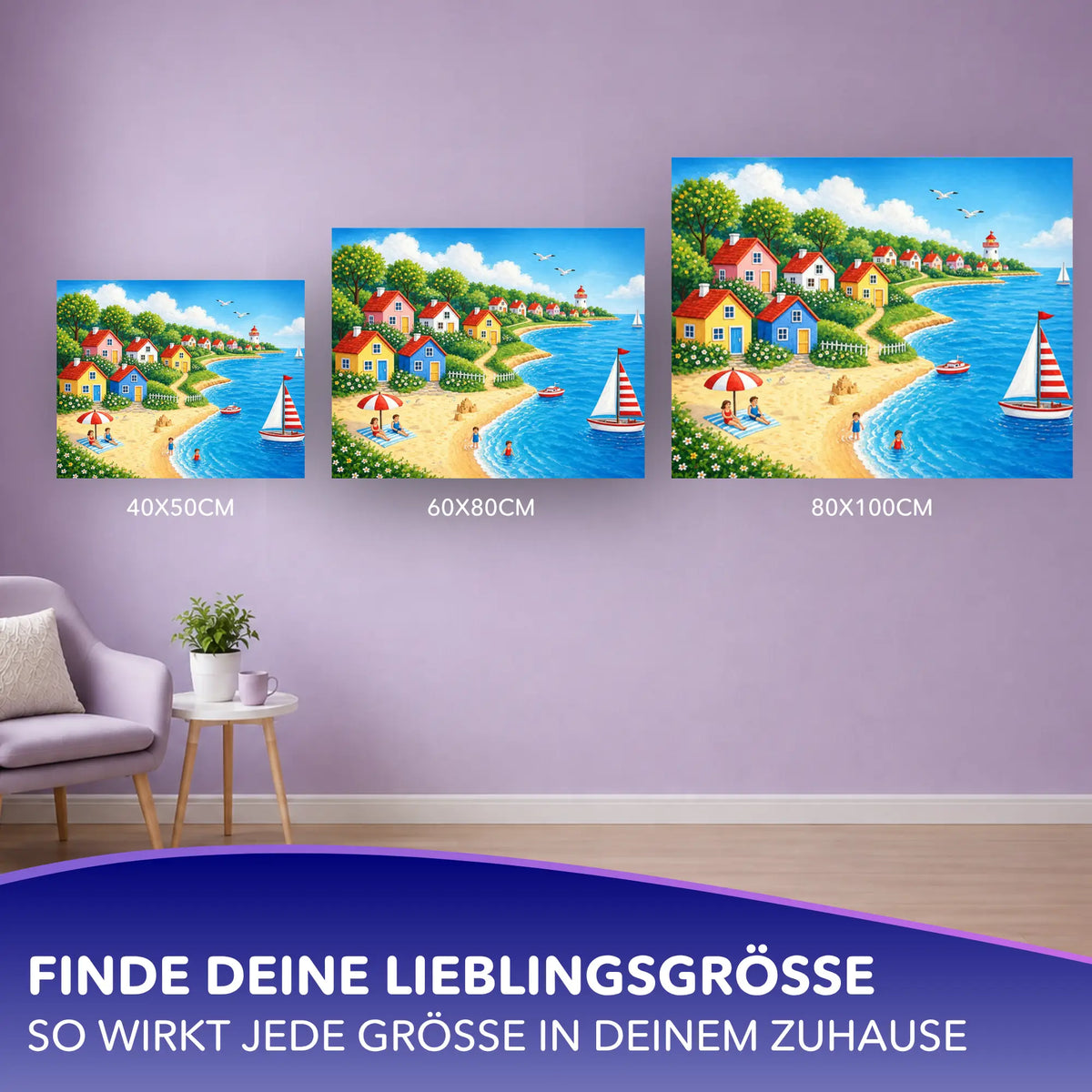 Malen nach Zahlen für Erwachsene Motiv Küstenzauber in verschiedenen Größen an einer Wand präsentiert