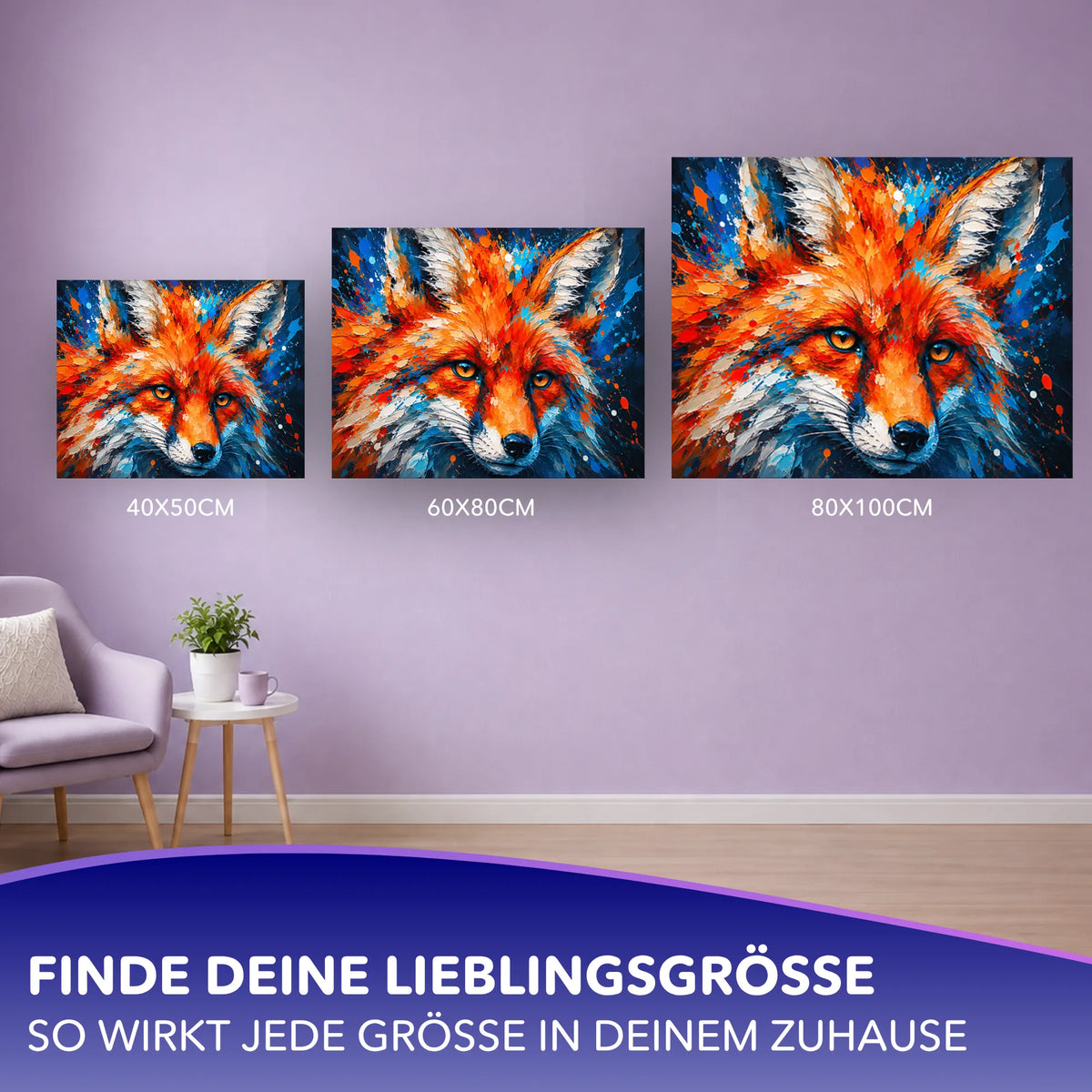 Malen nach Zahlen Set Feuerblick: Drei verschiedene Formate des kunstvollen Fuchs-Motivs als Wanddekoration im Wohnzimmer