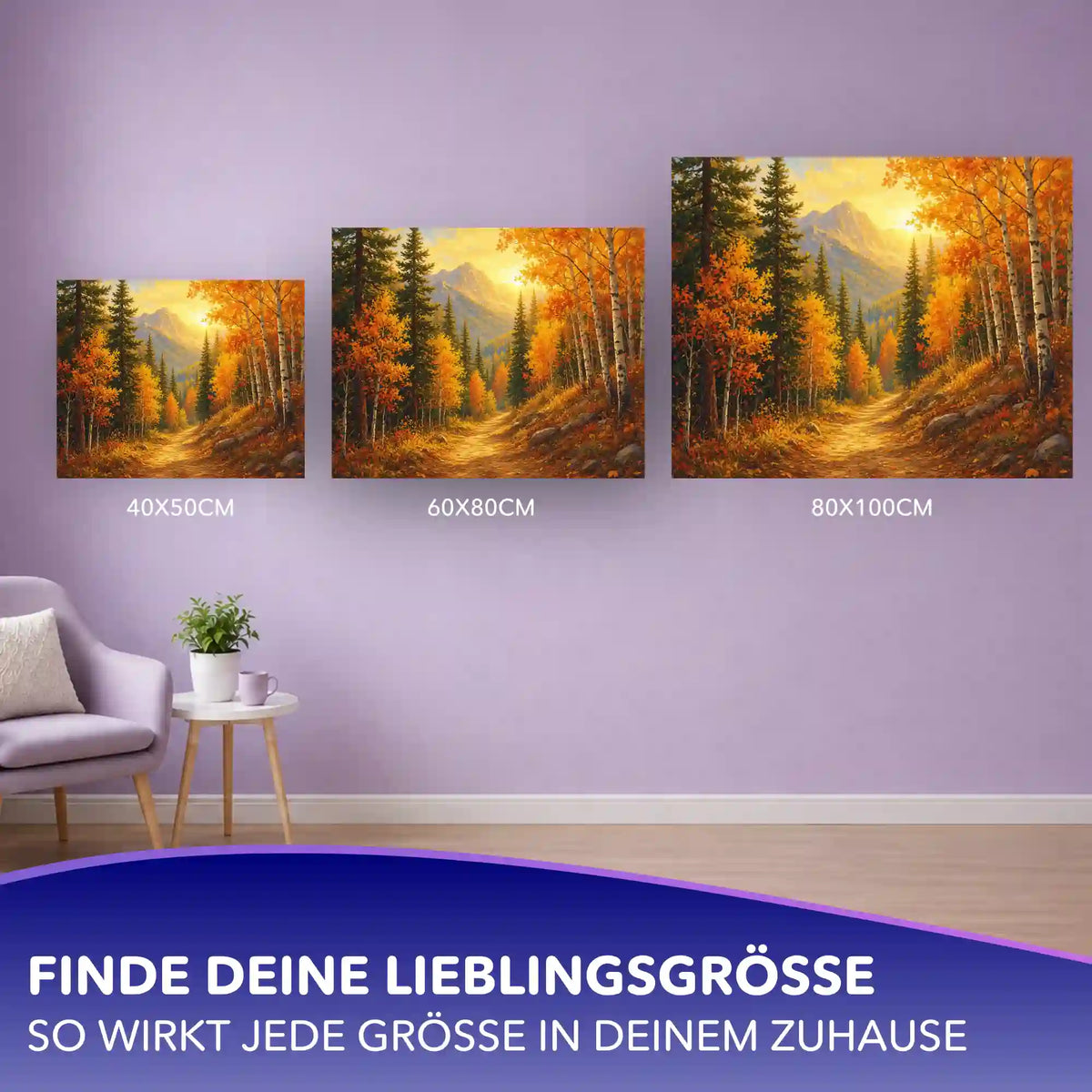 Malen nach Zahlen Weg der Berge: Größenvergleich der Herbstlandschaft als Wandbild in 40x50, 60x80 und 80x100 cm