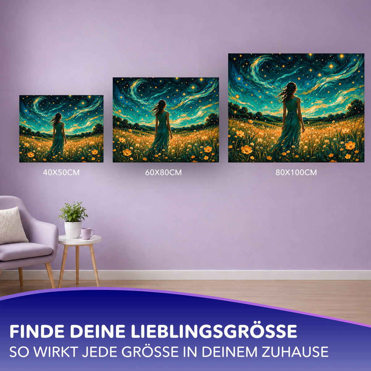 Malen nach Zahlen Sternenwanderin in drei Größen an der Wand als Wanddekoration für Erwachsene