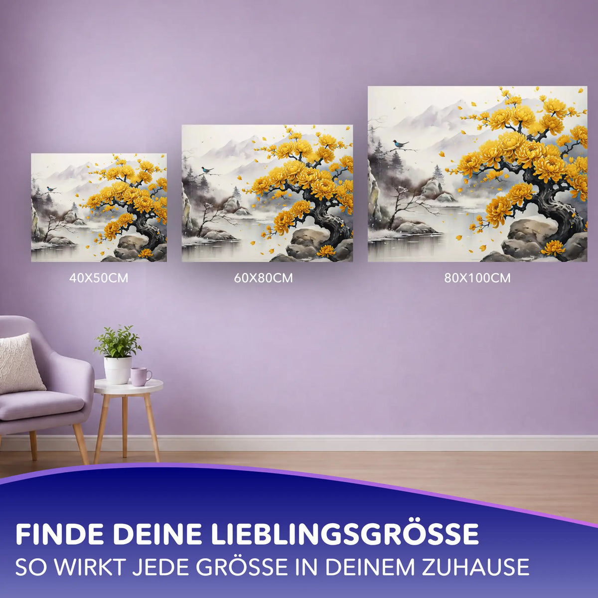 Malen nach Zahlen für Erwachsene: Goldener Frühlingshauch als Wandkunst in verschiedenen Größen an einer lila Wand.