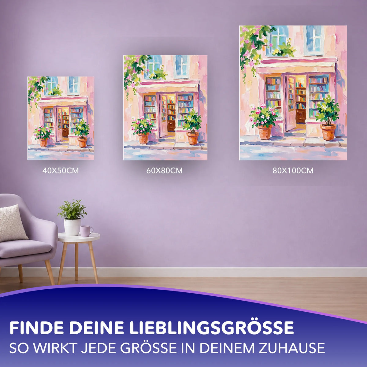 Malen nach Zahlen für Erwachsene: Tritt ein und Träume Motiv in drei Leinwandgrößen an einer Wand präsentiert.