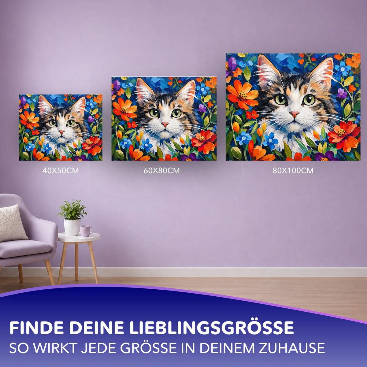Malen nach Zahlen für Erwachsene Motiv Katze mit bunten Blumen in drei verschiedenen Leinwandgrößen an der Wand