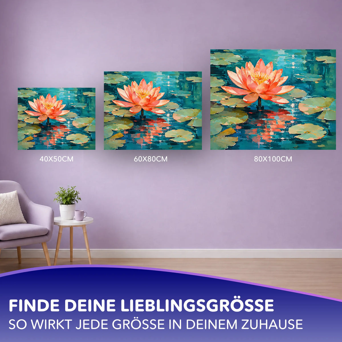 Malen nach Zahlen für Erwachsene: Seerosen-Motiv in drei Größen an einer Wand zur Veranschaulichung der Wirkung