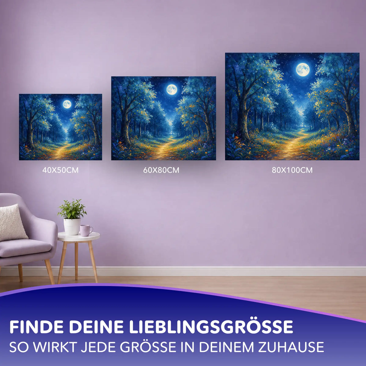 Malen nach Zahlen für Erwachsene Nacht im Blaulicht Motiv in verschiedenen Leinwandgrößen zur Wandgestaltung.