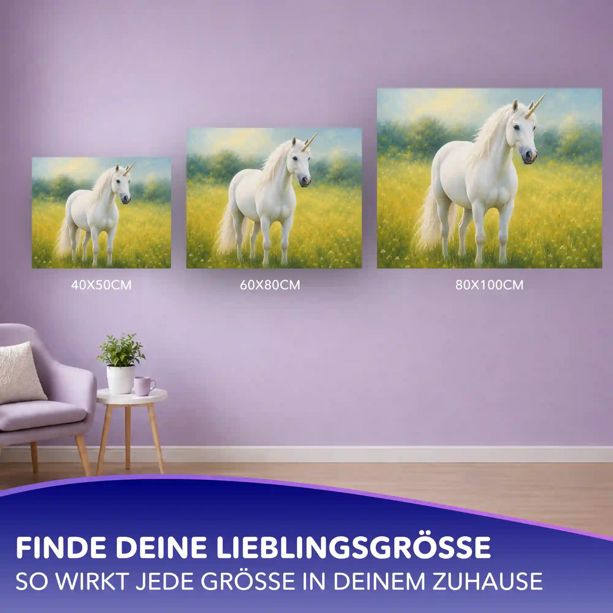 Malen nach Zahlen Erwachsene: Weißes Einhorn Motiv im Größenvergleich 40x50cm, 60x80cm und 80x100cm an der Wand