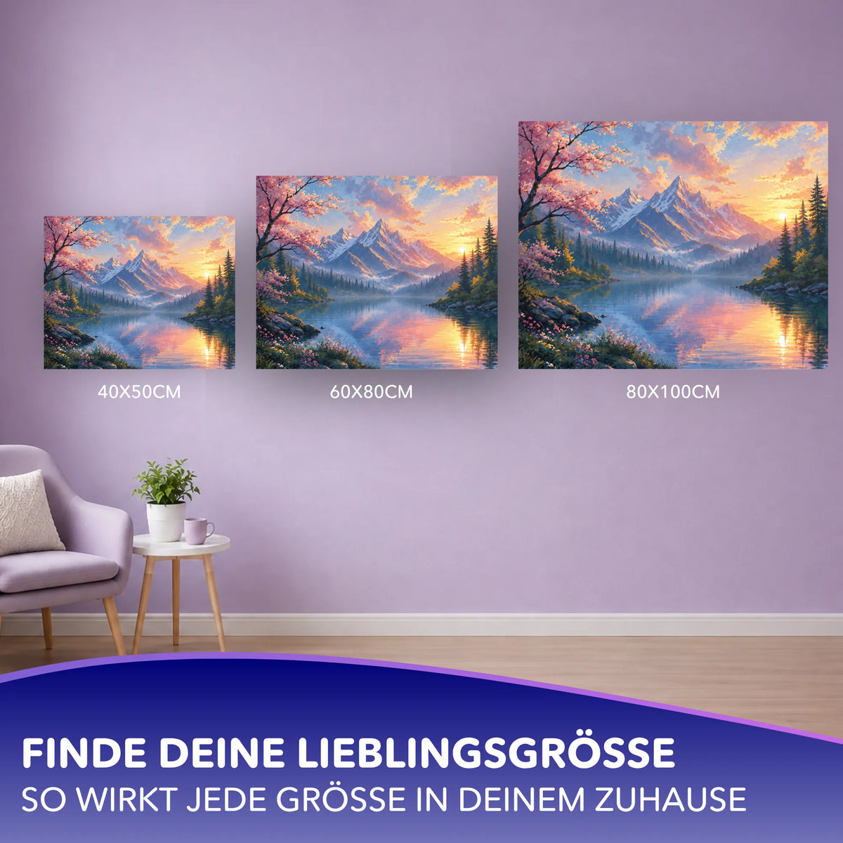 Malen nach Zahlen für Erwachsene: Bergsee-Motiv in verschiedenen Größen als Wanddekoration für dein Zuhause.