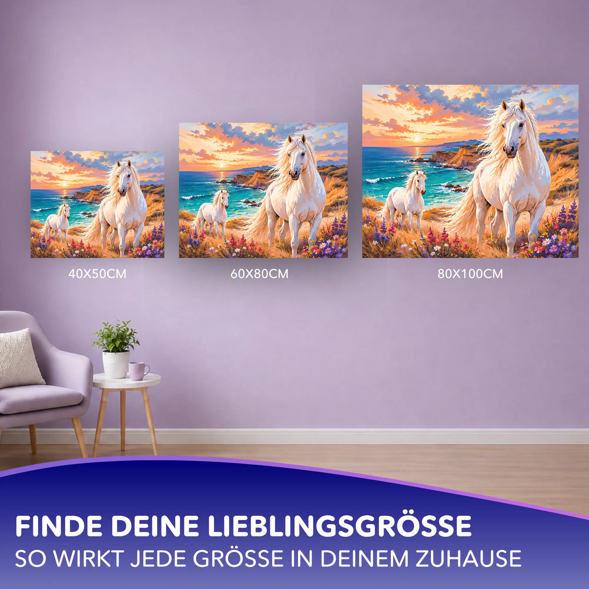 Malen nach Zahlen Set Frei wie der Wind: Zwei weiße Pferde am Meer bei Sonnenuntergang in verschiedenen Größen.