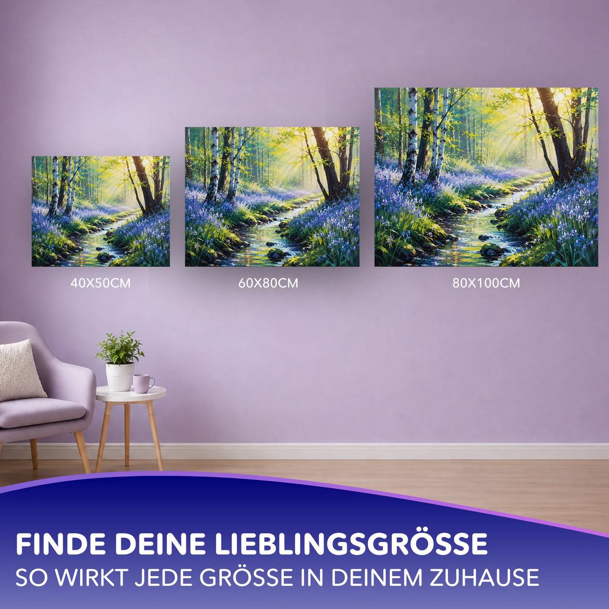 Malen nach Zahlen Set Juniblau mit Wald-Motiv in verschiedenen Größen an einer Wand präsentiert.