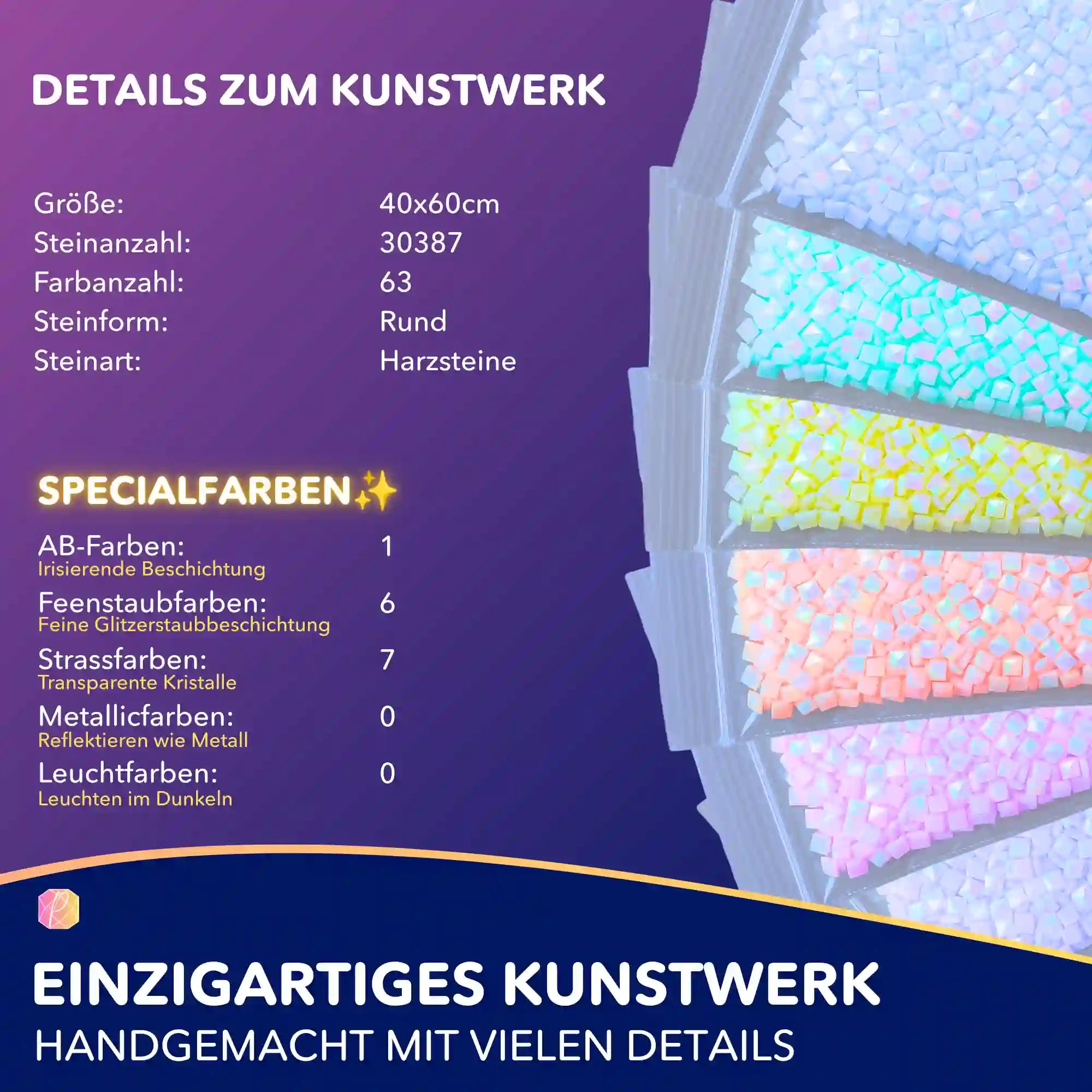 Diamond Painting Set Leuchten lernen mit 40x60cm runden Glitzersteinen, Feenstaubeffekt und bunten Kristallen für DIY-Kunst