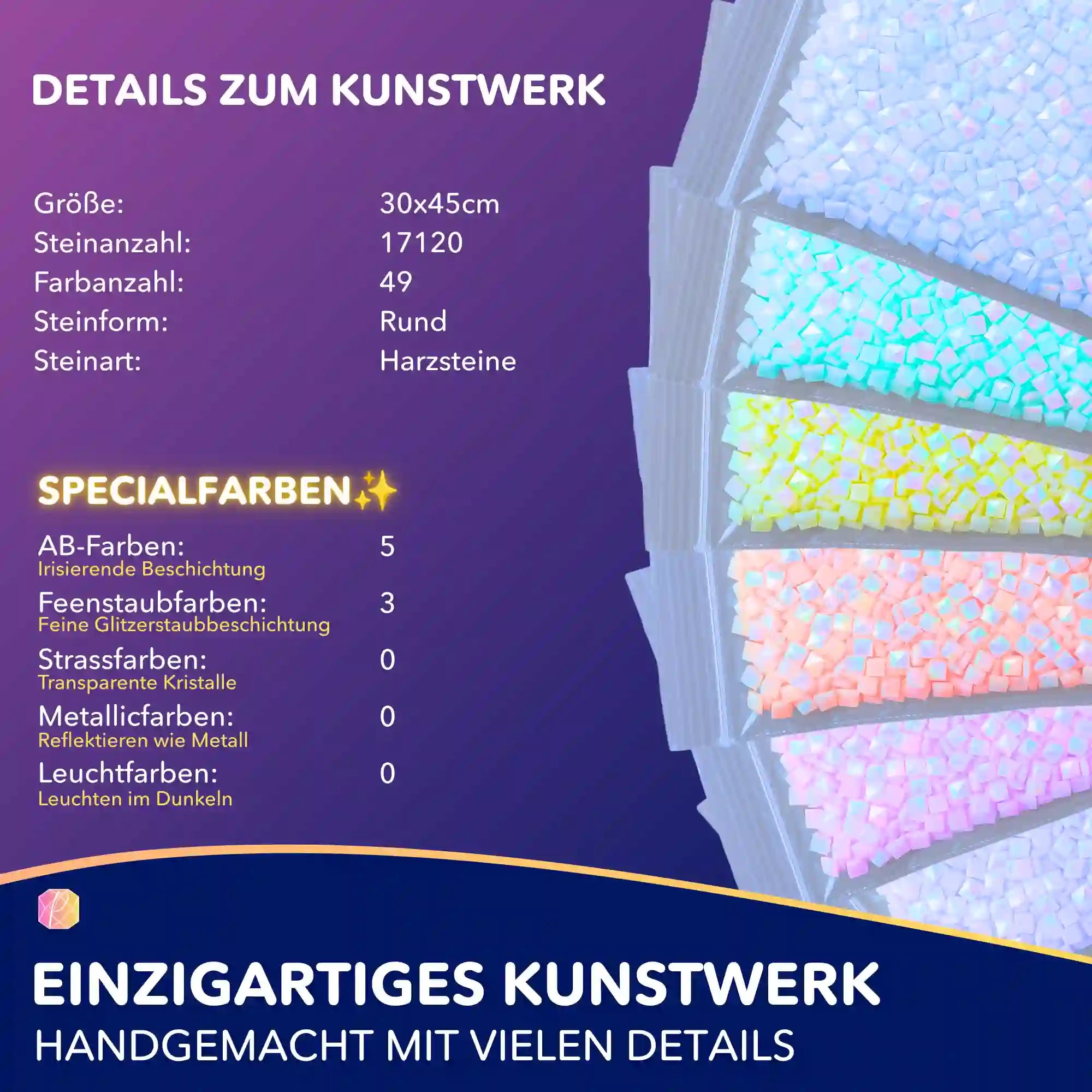 Diamond Painting Set Farbenkind: Runde Harzsteine in Pastellfarben mit AB-Effekt und Feenstaub für 30x45cm Kunstwerk