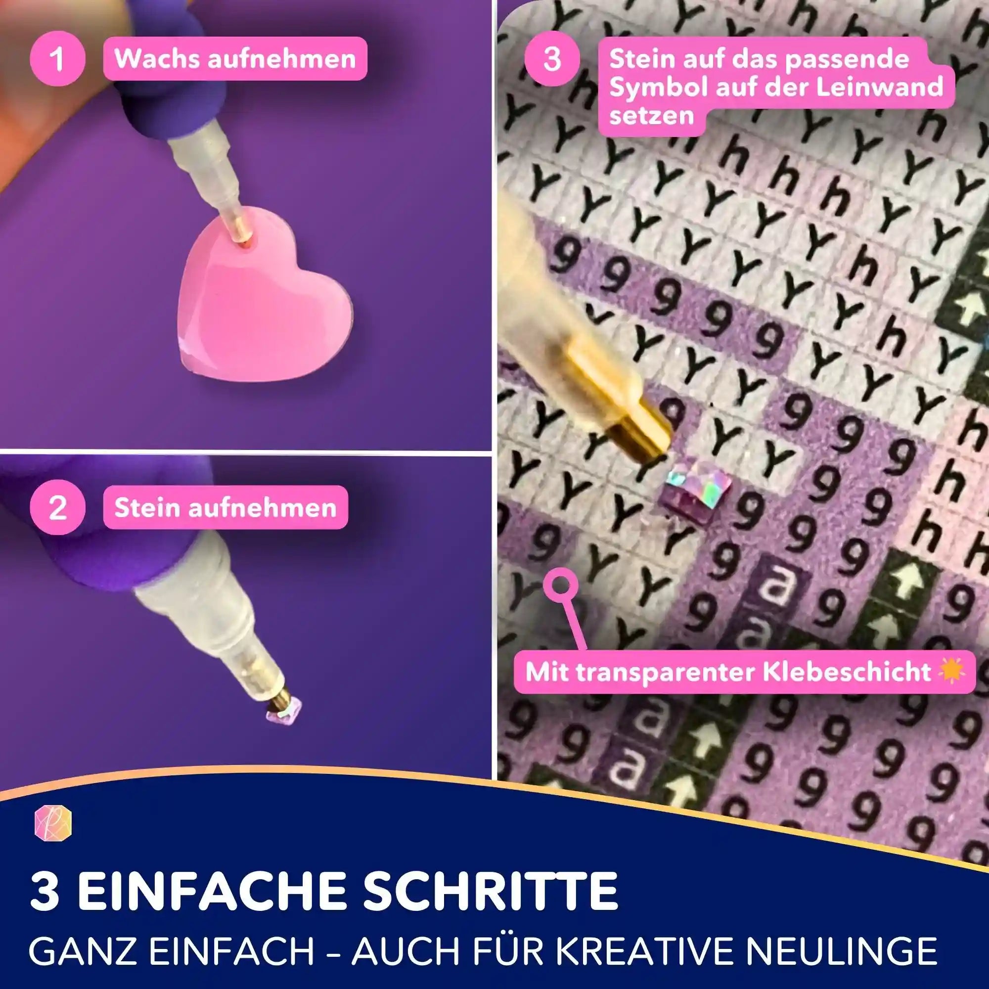 Anleitung für Diamond Painting Set: In 3 einfachen Schritten glitzernde Steine mit Stift auf die bedruckte Leinwand setzen.