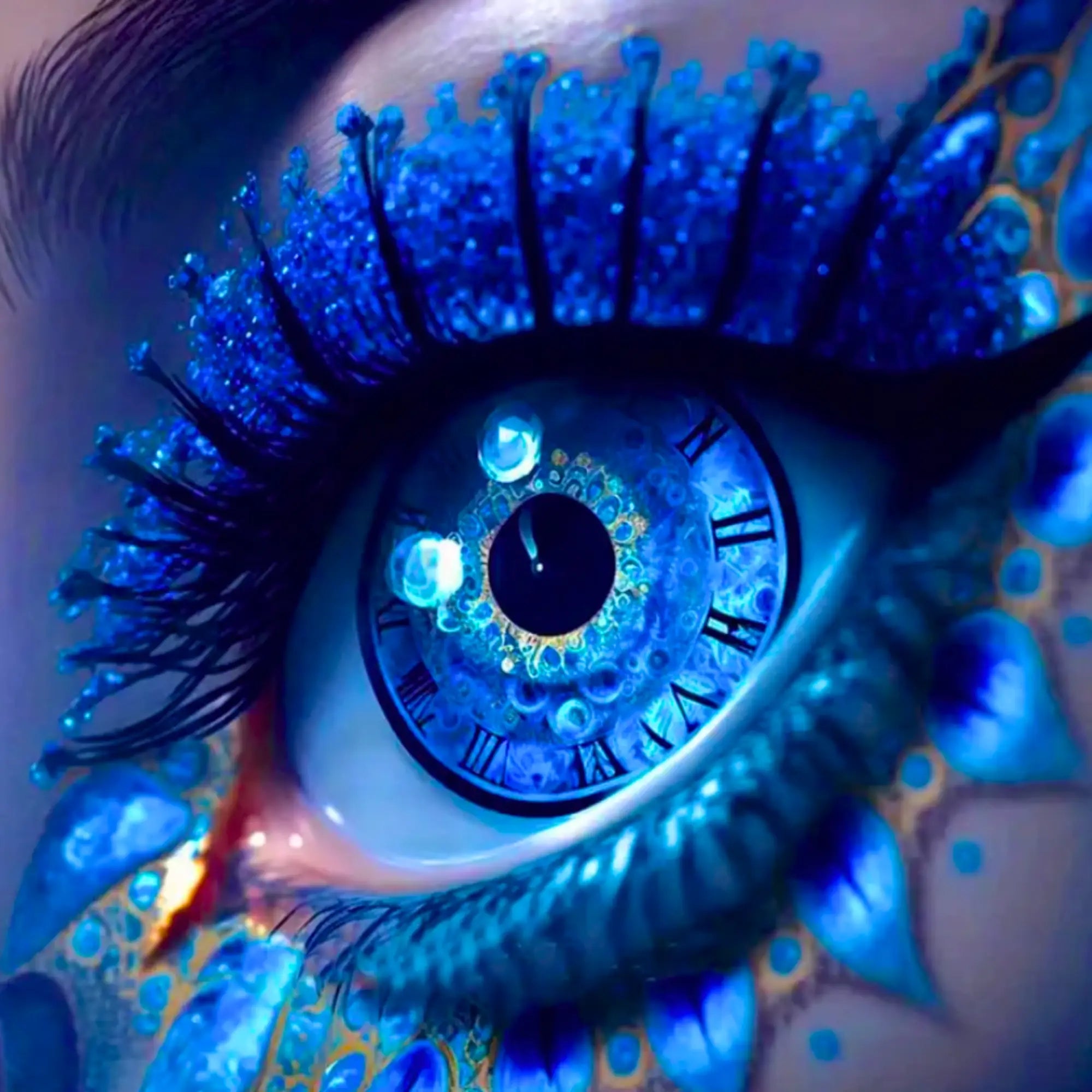 Fertiges Diamond Painting Motiv Blick der Zeit mit blauem Auge und Zifferblatt-Iris als funkelndes DIY-Set
