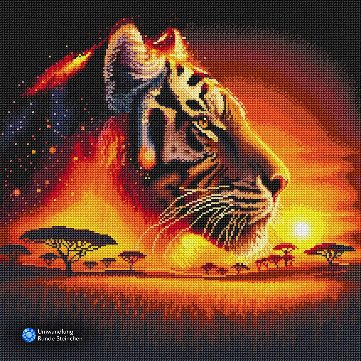 Diamond Painting Set Feuerherz: Tiger im Profil vor flammendem Savannen-Sonnenuntergang mit glitzernden Details