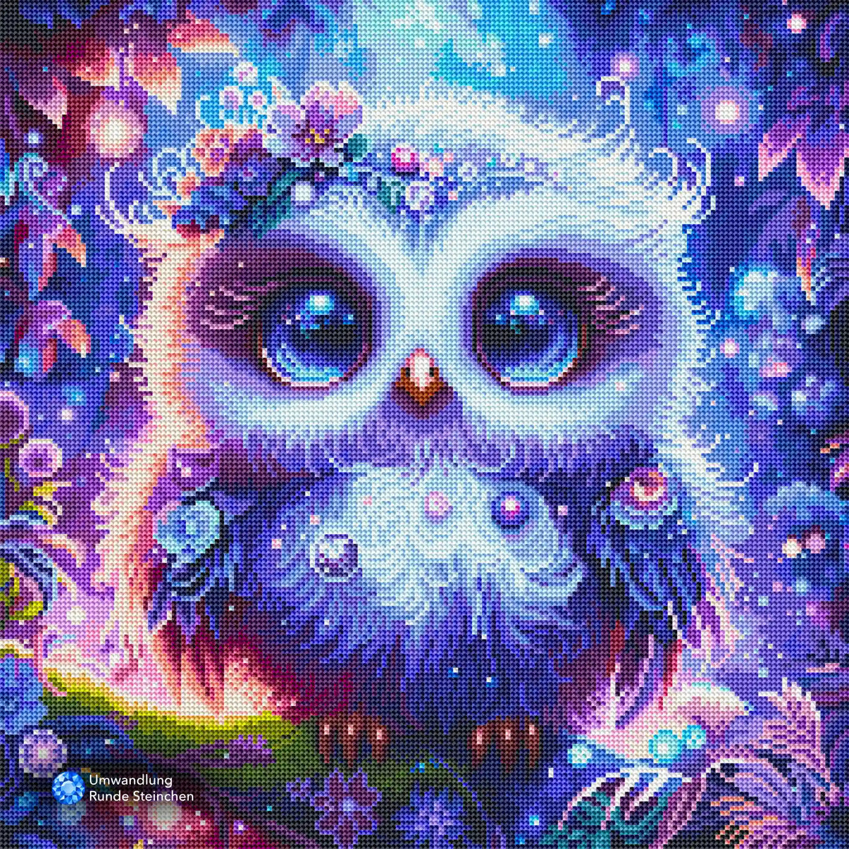Diamond Painting Set Eule mit großen Augen, Blumenkranz und magischem Wald-Motiv in leuchtenden Lila- und Blautönen