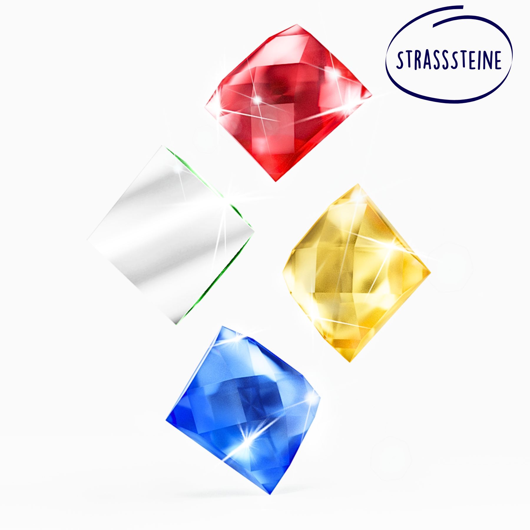 Glitzernde bunte Strasssteine für Diamond Painting Sets in Rot, Silber, Gelb und Blau für brillante DIY-Kunstwerke.