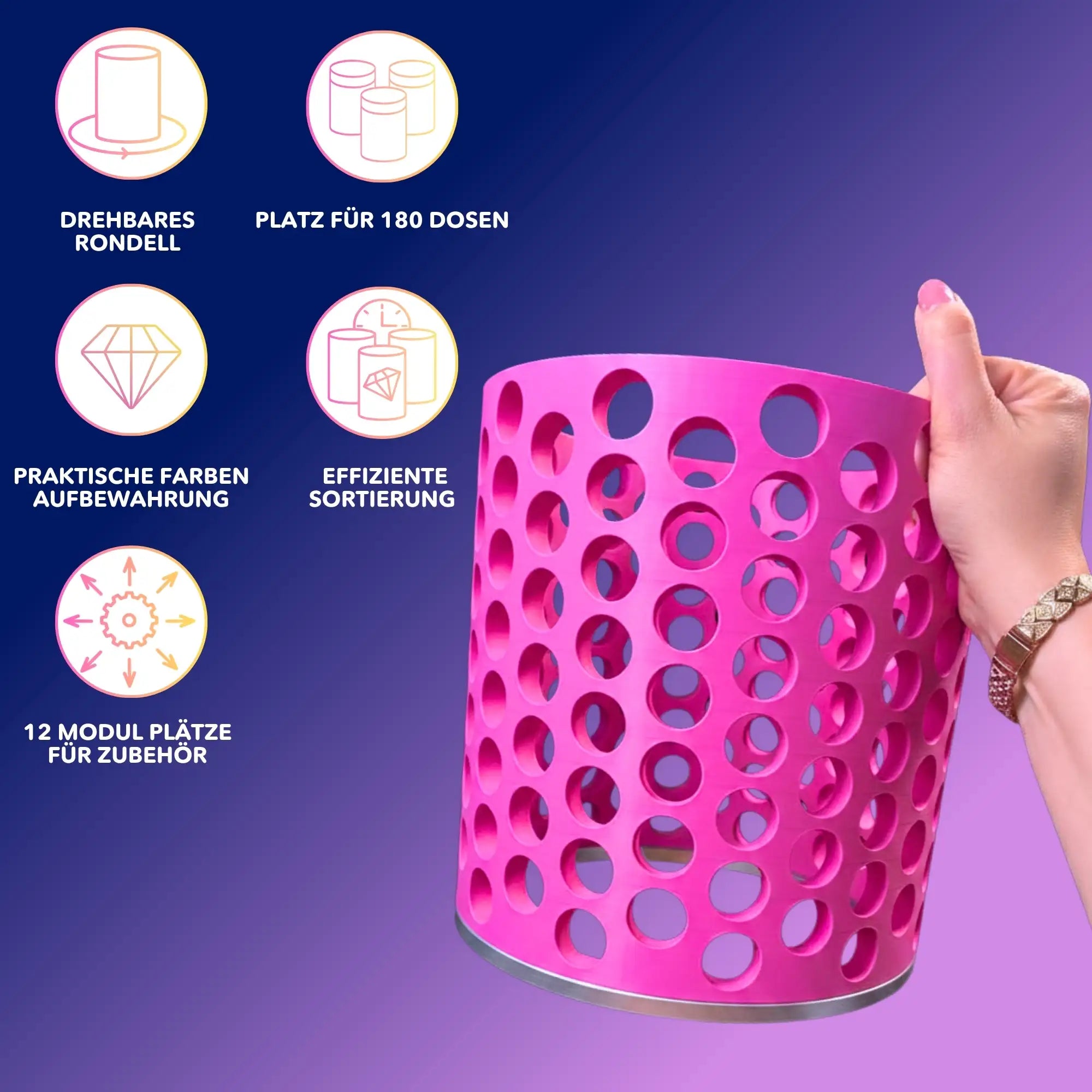 Rosa 3D Magic Dosenrondell als praktischer Diamond Painting Organizer für 180 Farbdosen und Bastelzubehör