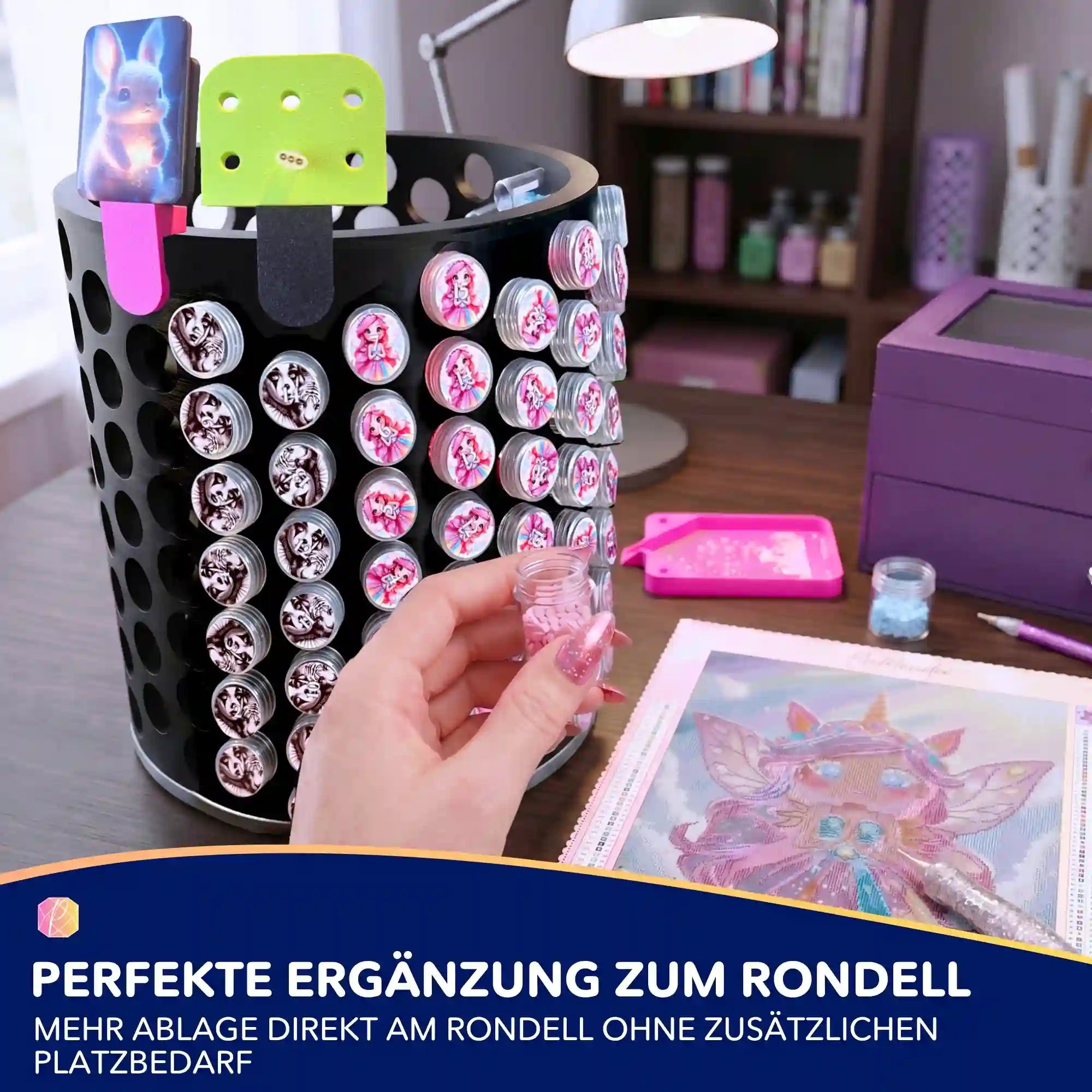 3D Modul Rondell zur Diamond Painting Organisation mit Diamond Art Döschen für Ordnung am Bastelplatz