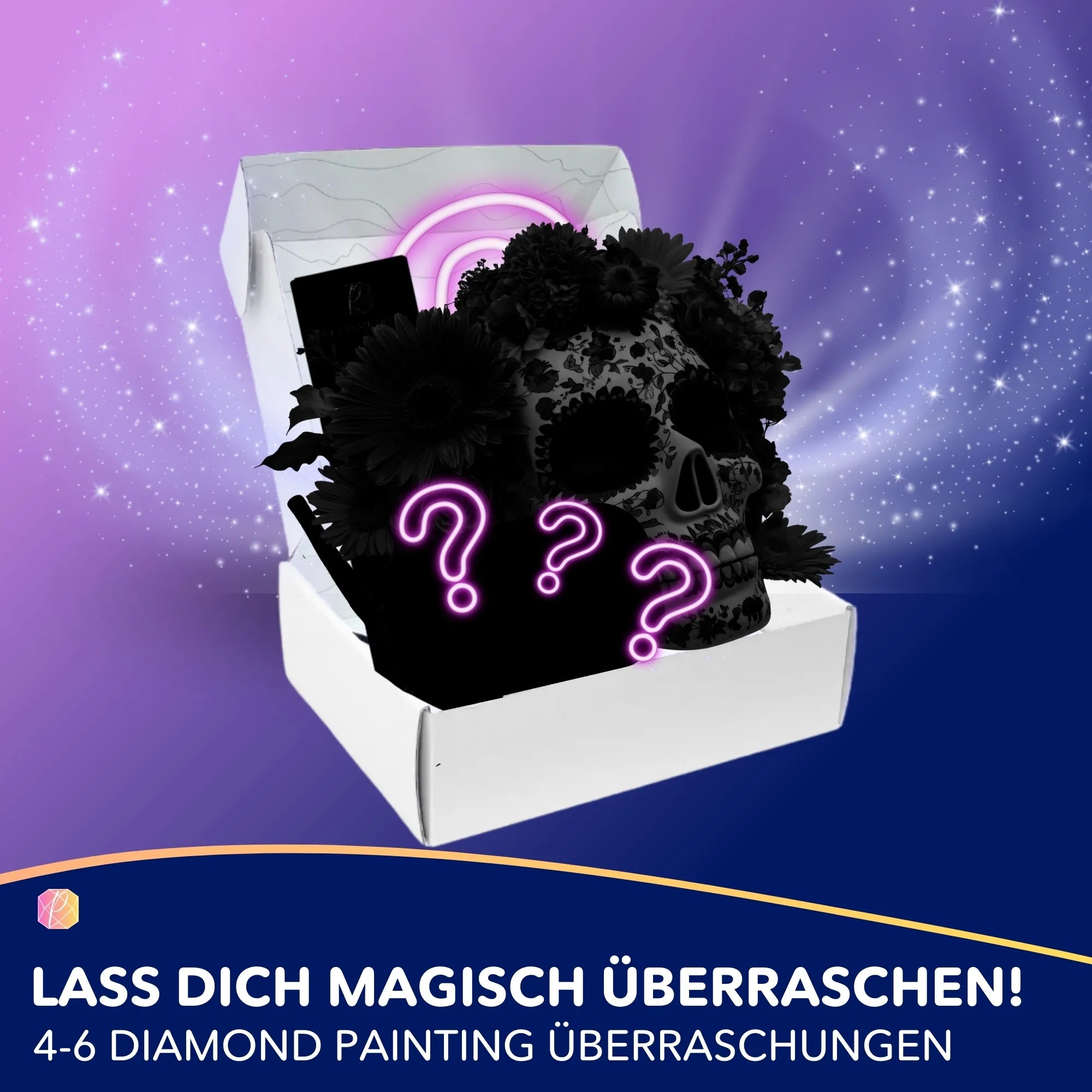 Diamond Painting Mystery Box Skull Edition mit Totenkopf-Motiv und Überraschungsinhalt für kreative Bastelprojekte