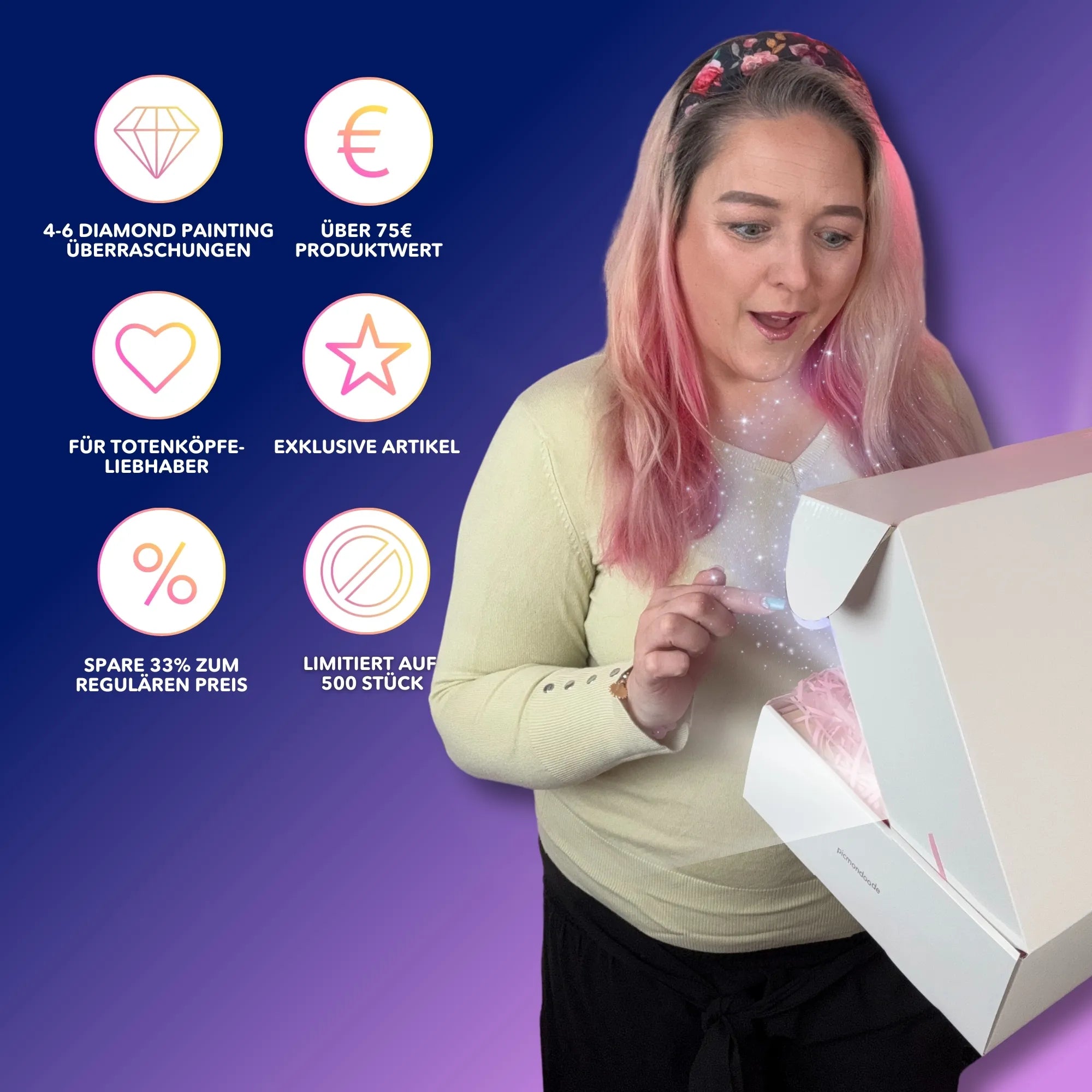 Frau öffnet Mystery Box mit exklusiven Diamond Painting Totenkopf-Sets und Bastelzubehör als limitierte Edition.