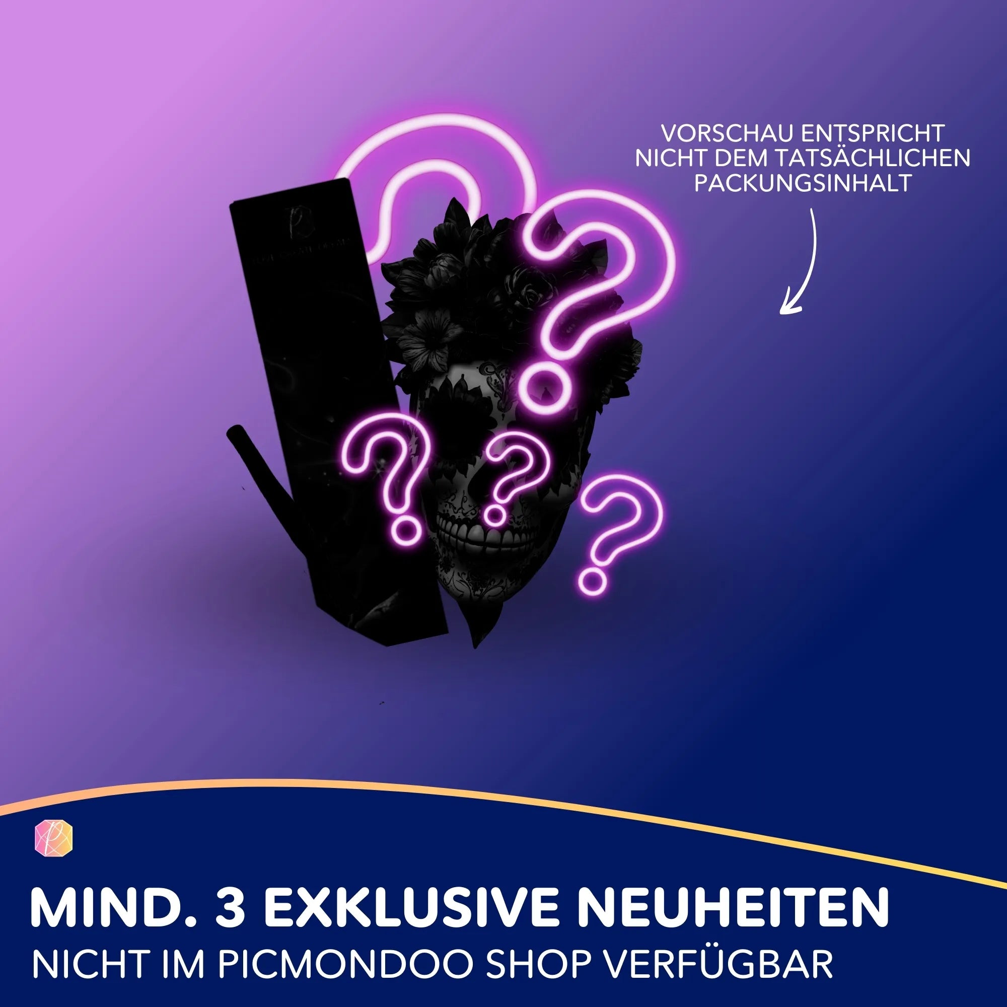 Picmondoo Diamond Painting Mystery Box Skulls Edition mit Totenkopfmotiv und leuchtenden Neon-Fragezeichen auf violettem Grund