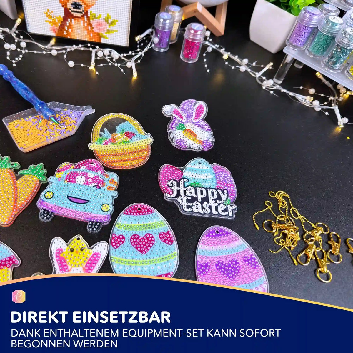 Bunte Diamond Painting Osteranhänger zum Basteln mit Glitzersteinen, Zubehör und Aufhängern für kreative DIY Osterdeko
