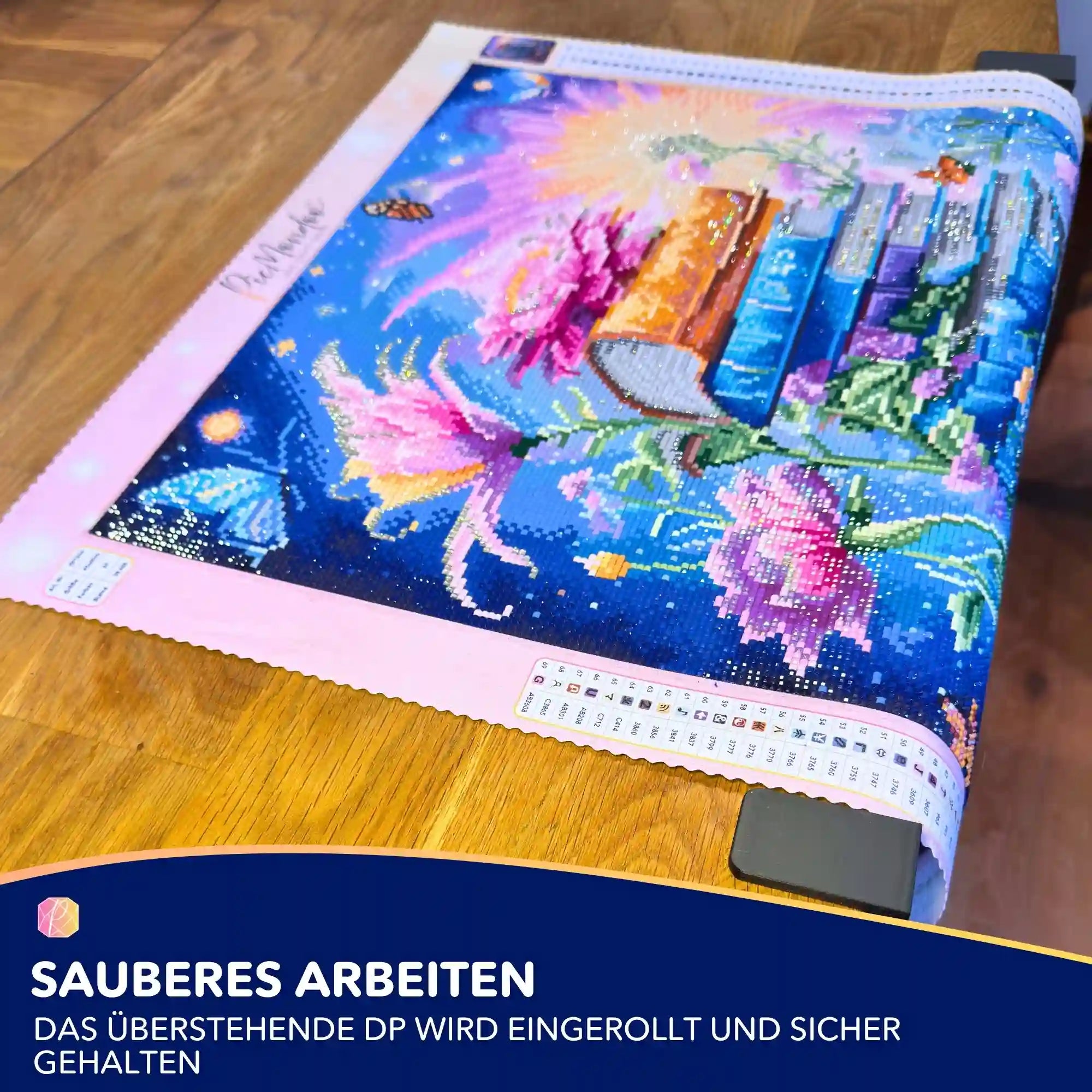 Diamond Painting Tischklemme fixiert eine aufgerollte Leinwand eines 5D Diamond Painting Sets für komfortables Basteln