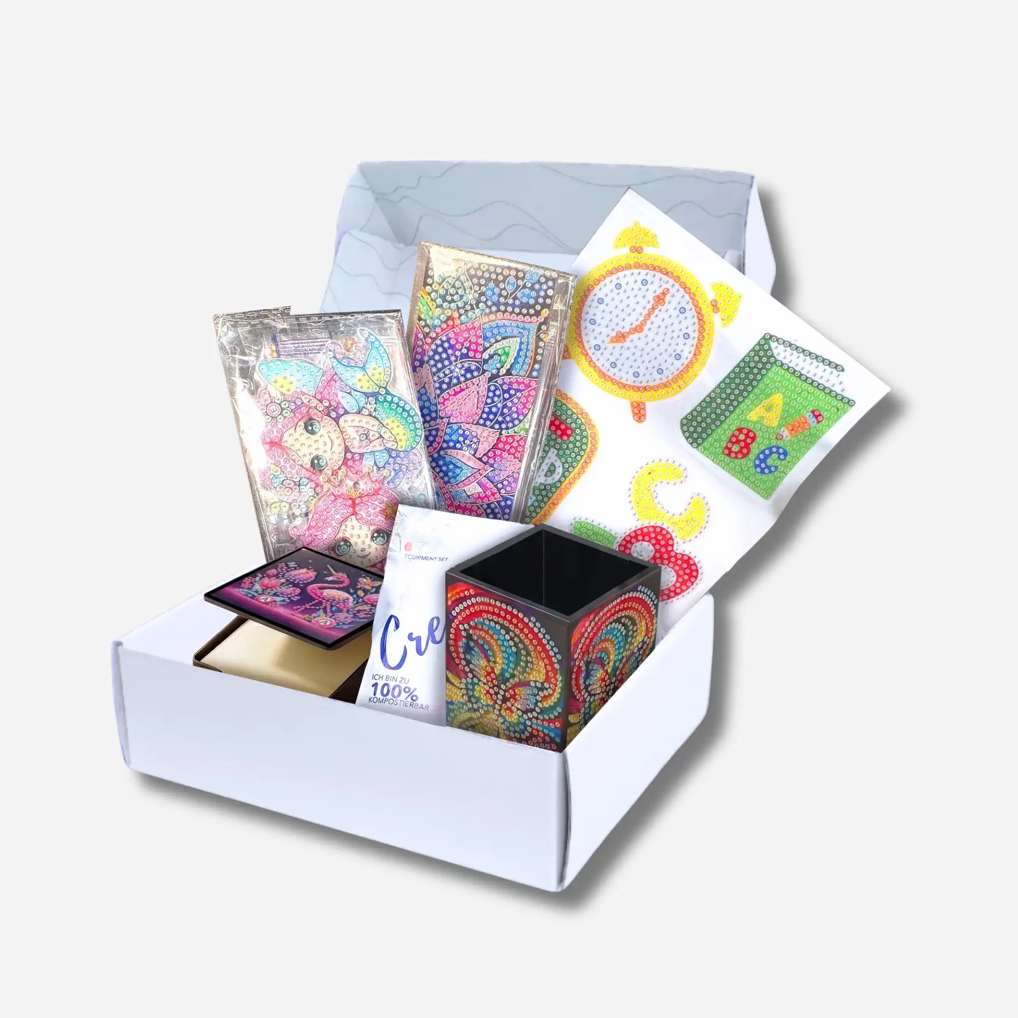 Diamond Painting Schul-Set für Mädchen mit Stiftebox, Lesezeichen und bunten Motiv-Stickern zum kreativen Basteln