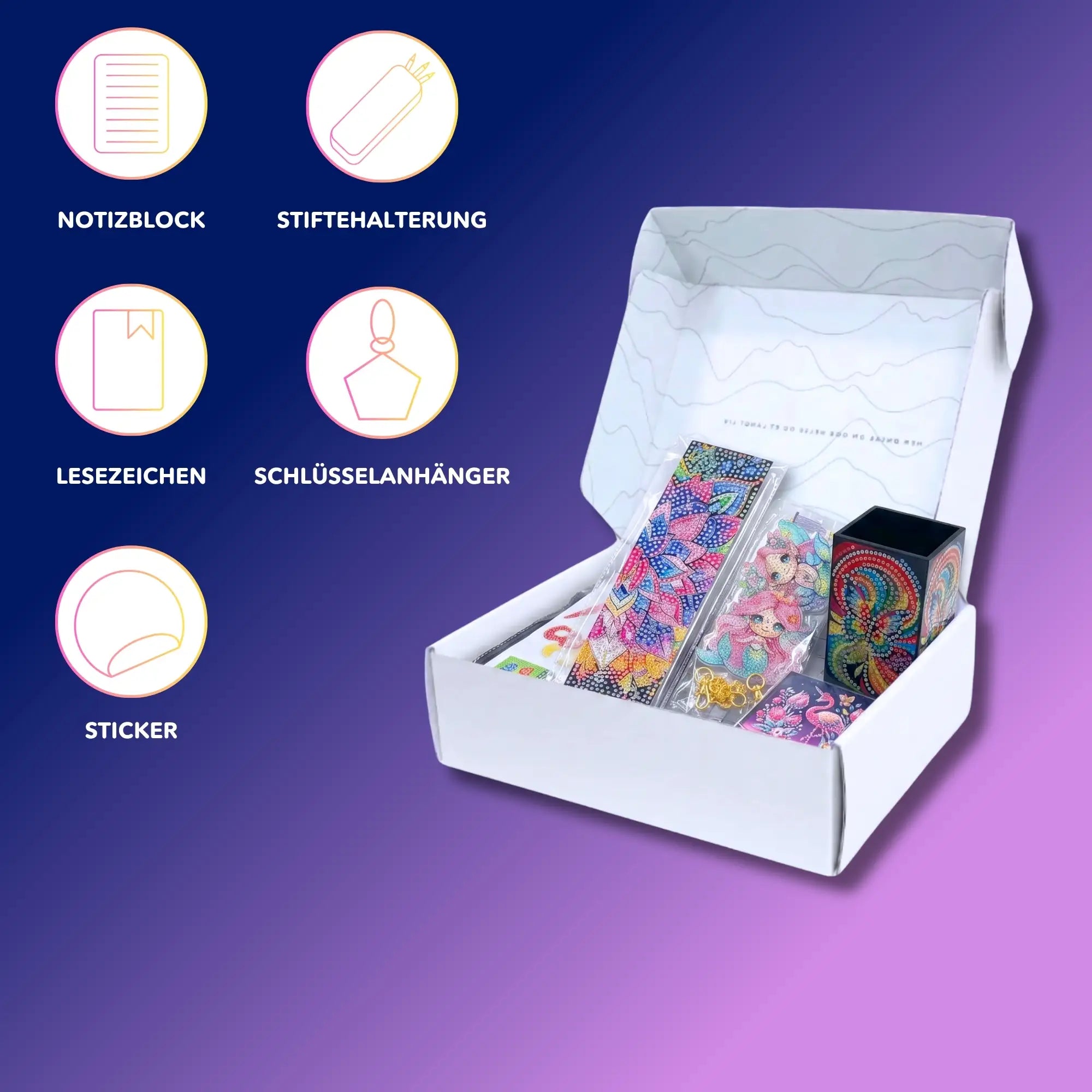 Diamond Painting Schul-Set für Mädchen mit Stiftehalter, Lesezeichen und Zubehör in einer Geschenkbox für den Schulstart.