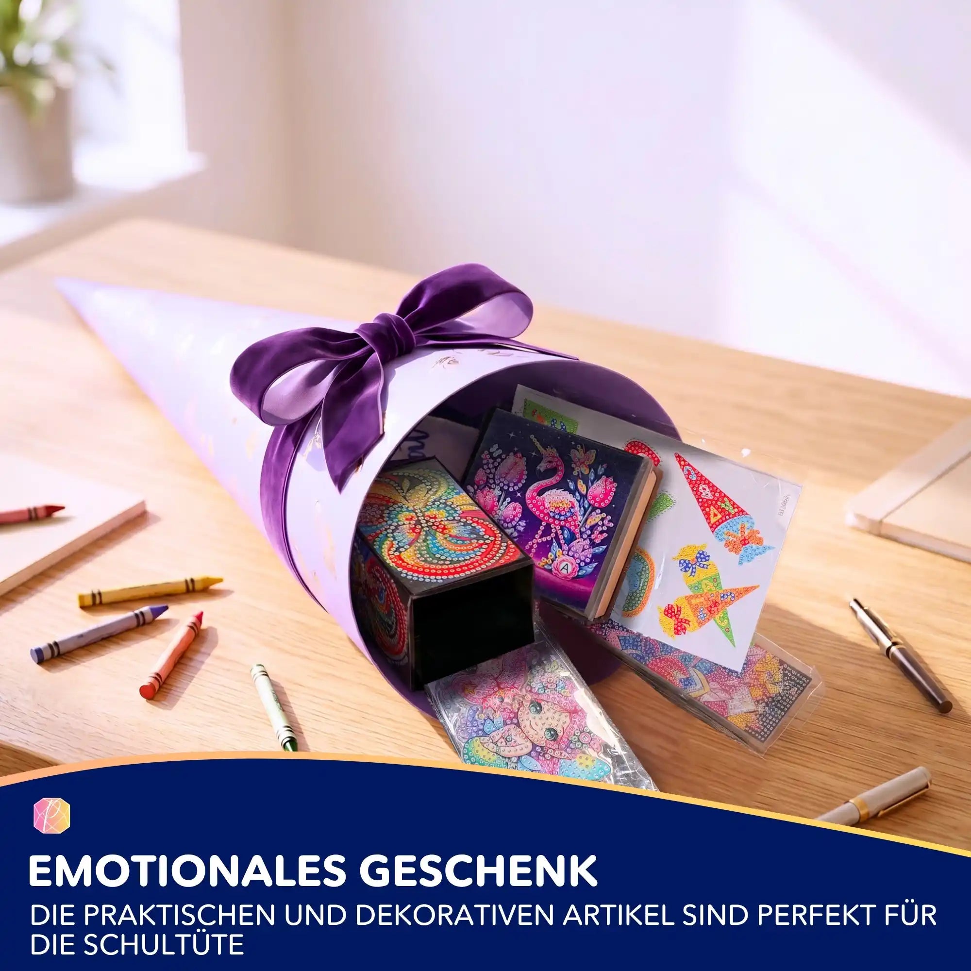 Lila Schultüte gefüllt mit Diamond Painting Set, Stiftebox und bastel-Motiven für Mädchen zum Schulstart.