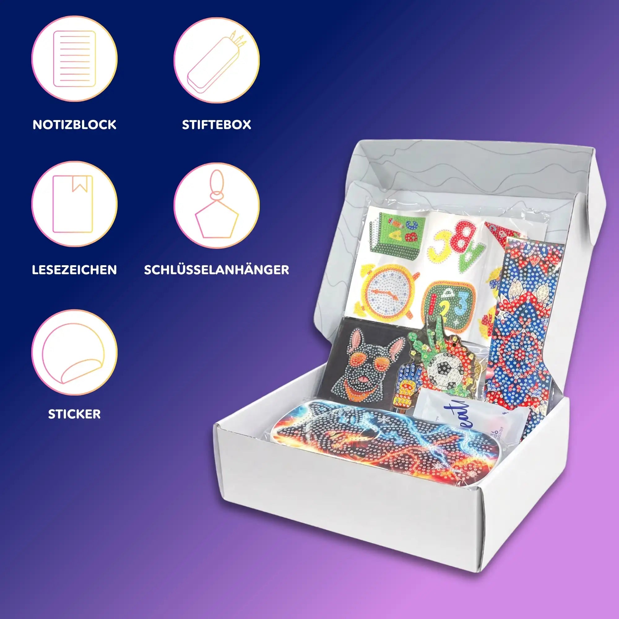 Diamond Painting Schulbox für Jungen mit Bastelset für Stiftebox, Sticker, Lesezeichen und funkelnden Diamanten