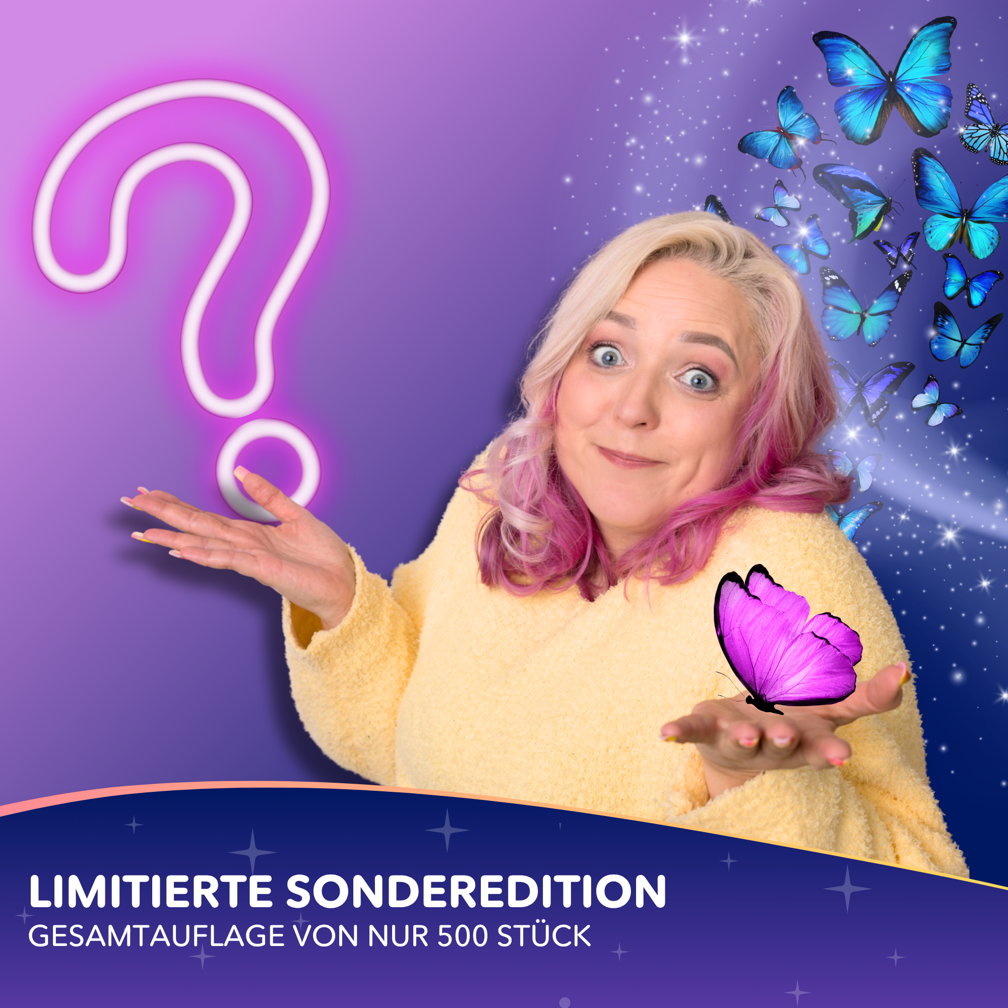 Frau mit Diamond Painting Mystery-Box Butterfly Edition mit blauen Schmetterlingen und leuchtendem Fragezeichen