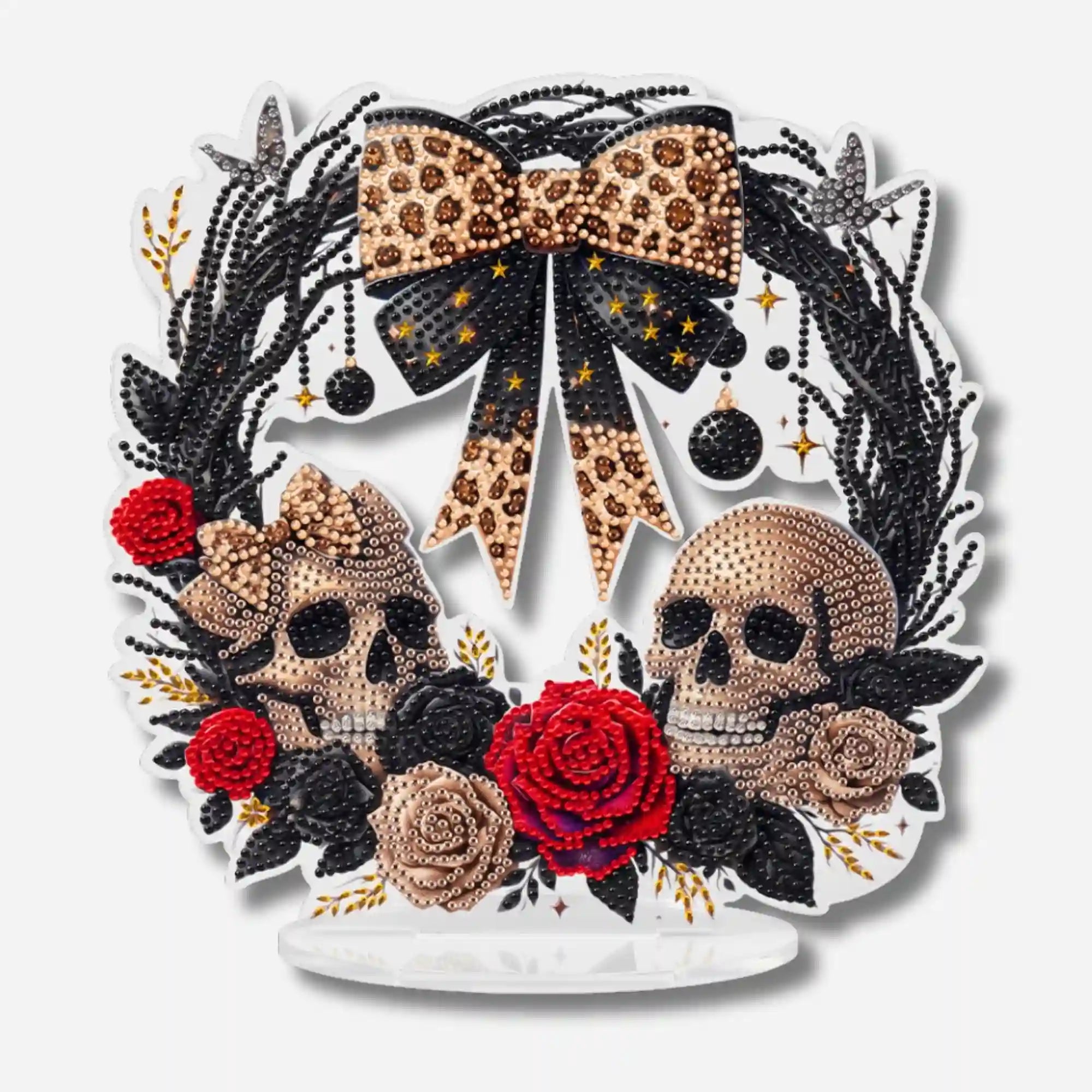 Diamond Painting Aufsteller Halloween-Kranz mit Totenköpfen, Leopardenschleife und roten Rosen als DIY-Deko
