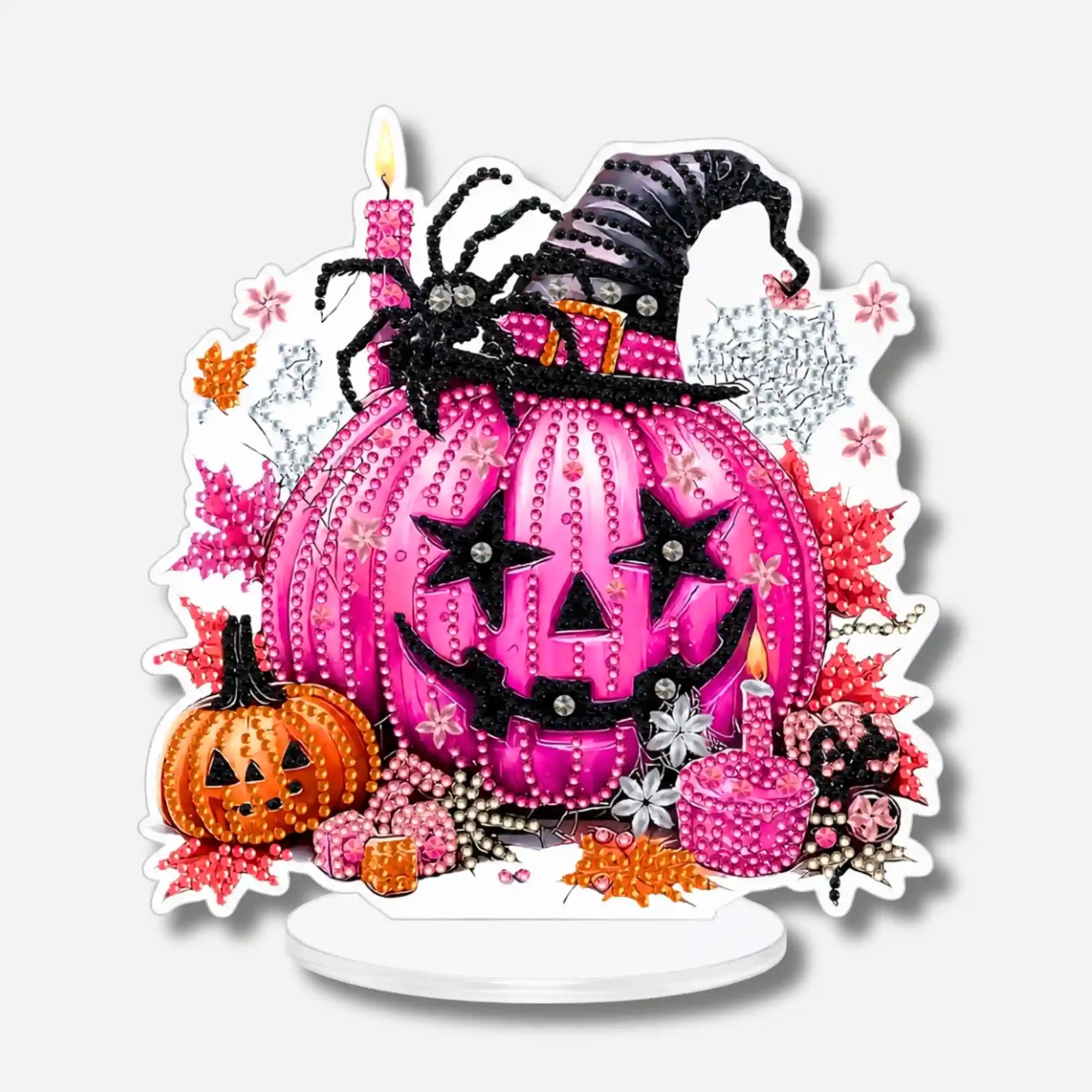 Diamond Painting Aufsteller pinker Kürbis mit Hexenhut und Spinne als kreative Halloween Dekoration zum Basteln