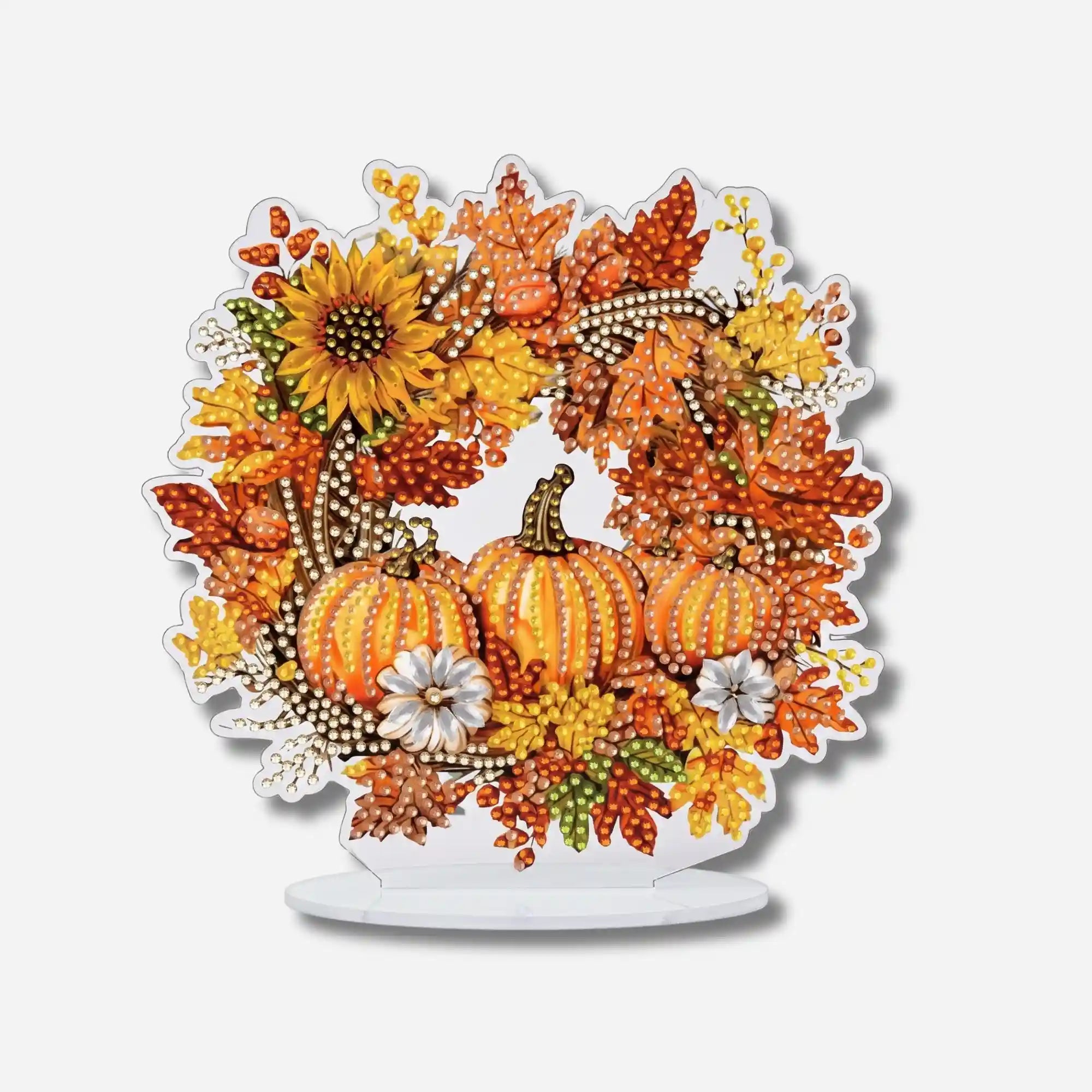 Diamond Painting Aufsteller Herbstkranz mit Kürbis-Motiv und glitzernden herbstlichen Blättern als DIY-Herbstdeko