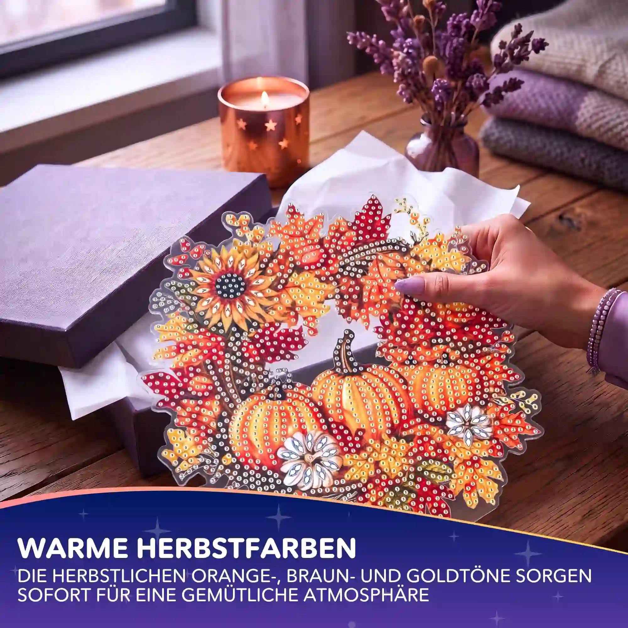 Diamond Painting Aufsteller Herbstkranz mit Kürbissen und bunten Blättern als herbstliche DIY-Deko für Zuhause