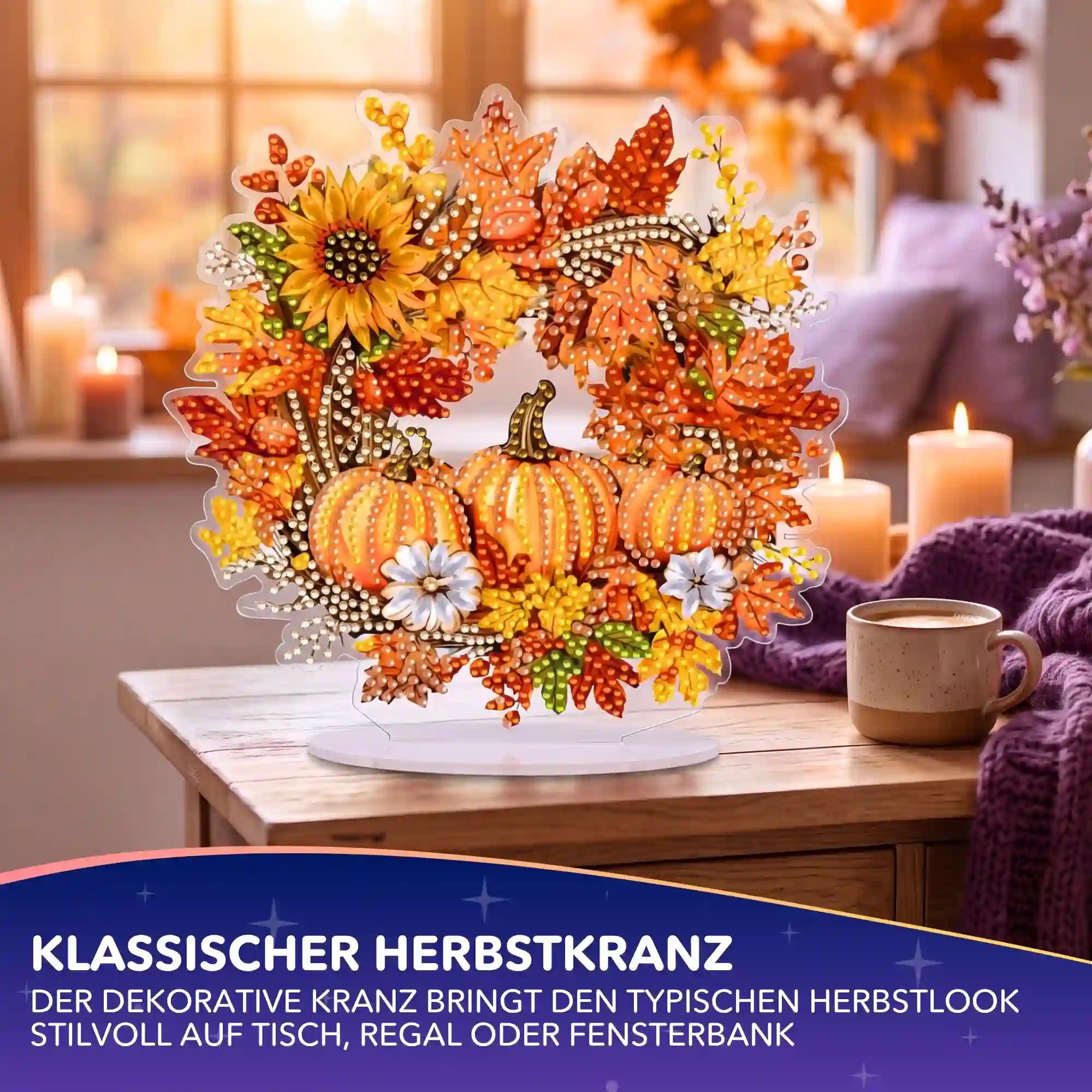 Diamond Painting Aufsteller Herbstkranz mit Kürbissen und bunten Blättern als herbstliche DIY-Tischdekoration