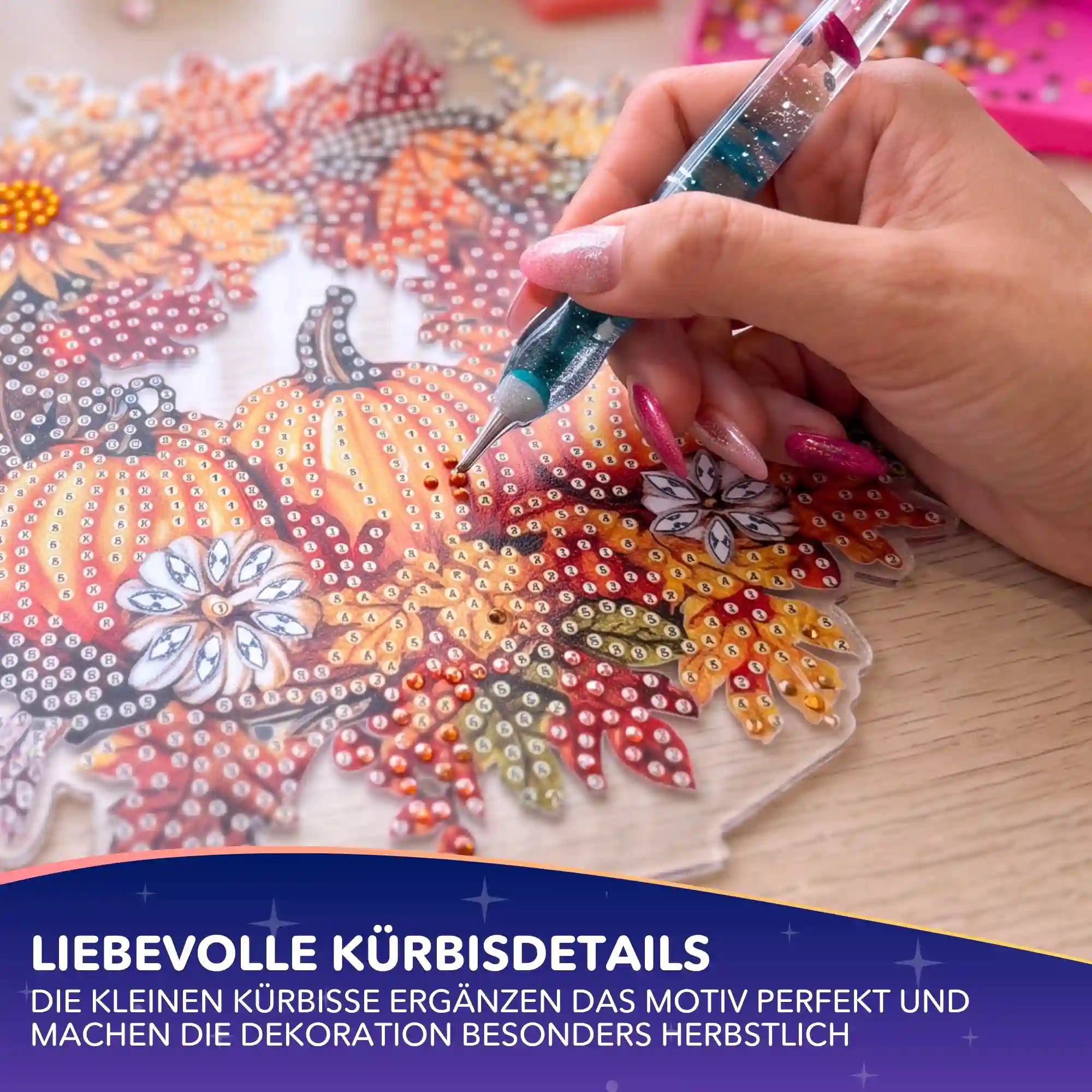 Diamond Painting Aufsteller Herbstkranz mit Kürbis-Motiv und bunten Glitzersteinen als kreative Herbstdeko zum Selbermachen
