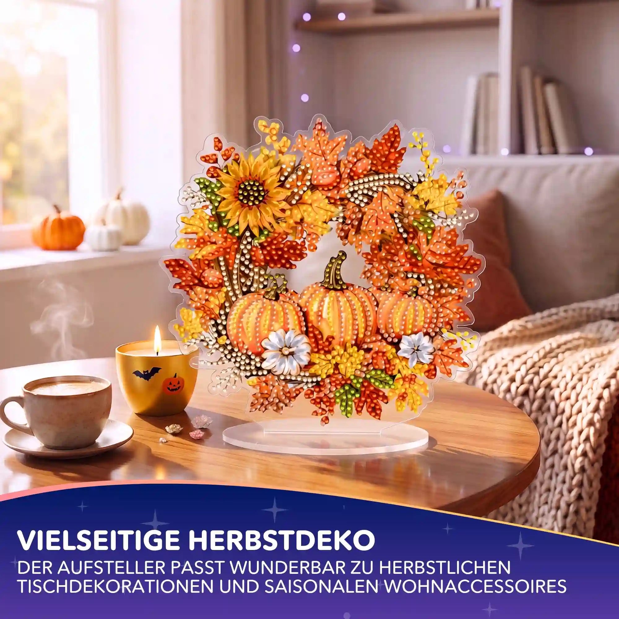 Diamond Painting Aufsteller Herbstkranz mit Kürbissen und bunten Blättern als DIY Herbstdeko für den Tisch
