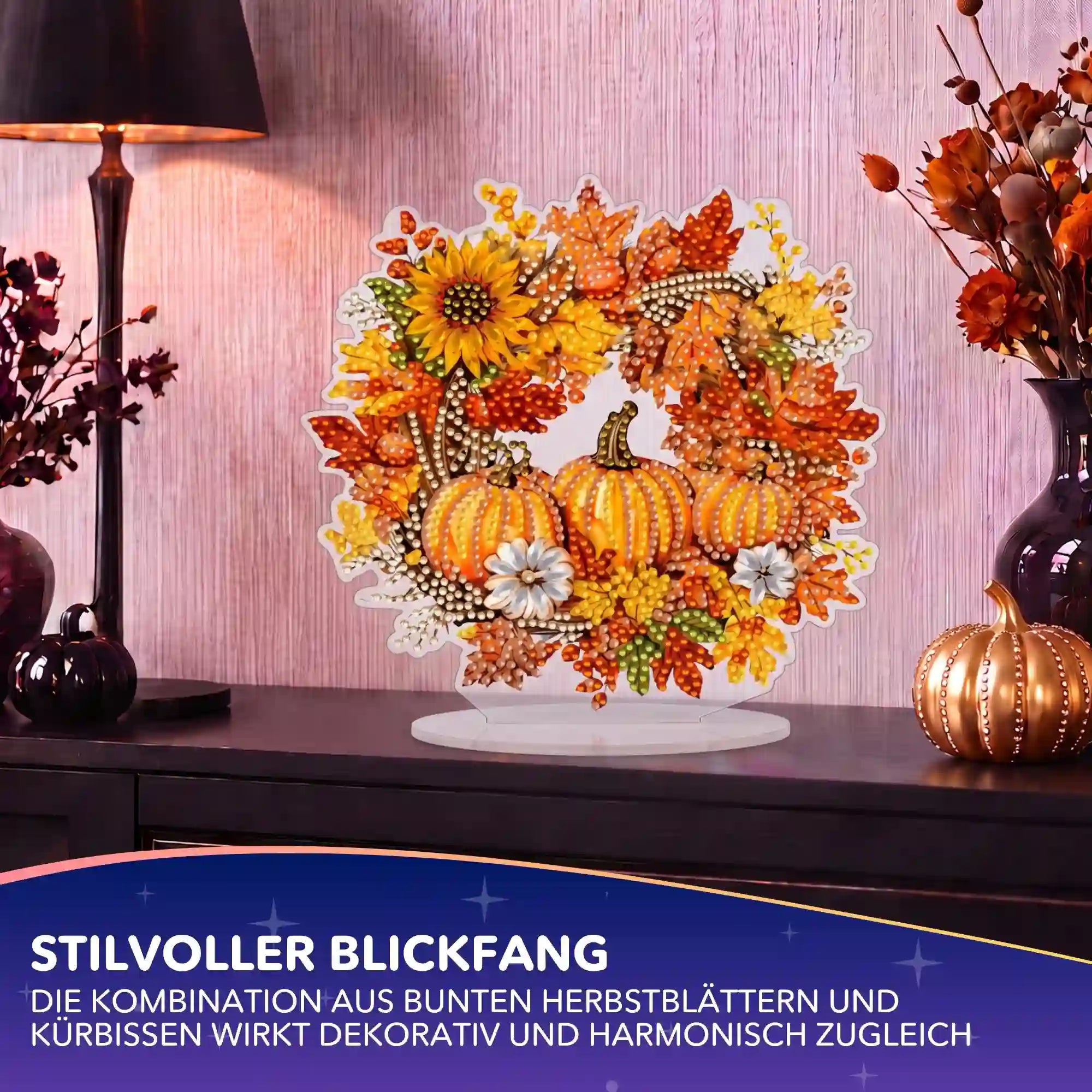 Diamond Painting Aufsteller Herbstkranz mit Kürbissen und bunten Blättern als stilvolle herbstliche Wohndekoration