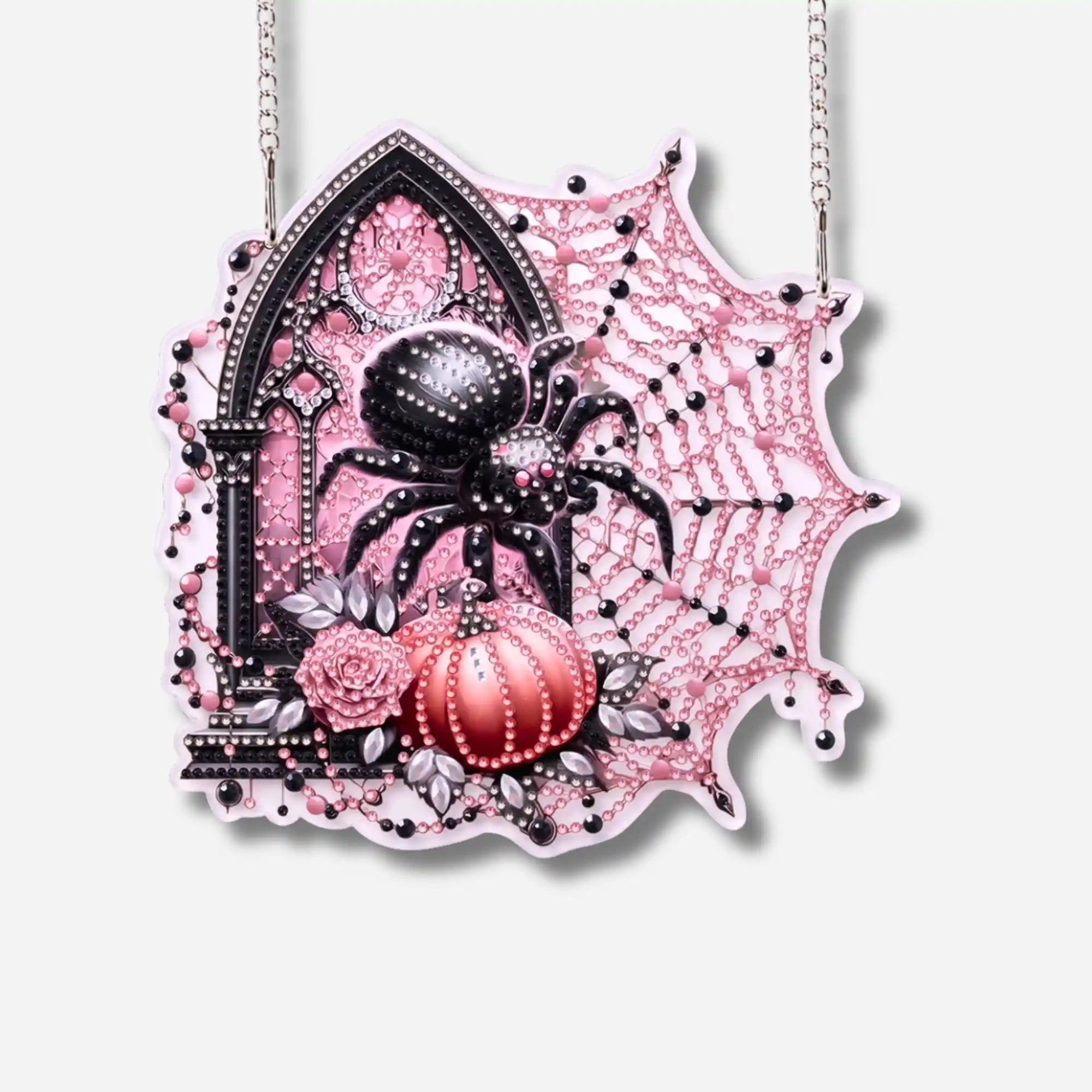Diamond Painting Aufhänger Spinne mit pink-schwarzen Glitzersteinen als stilvolle DIY Halloween Deko zum Aufhängen