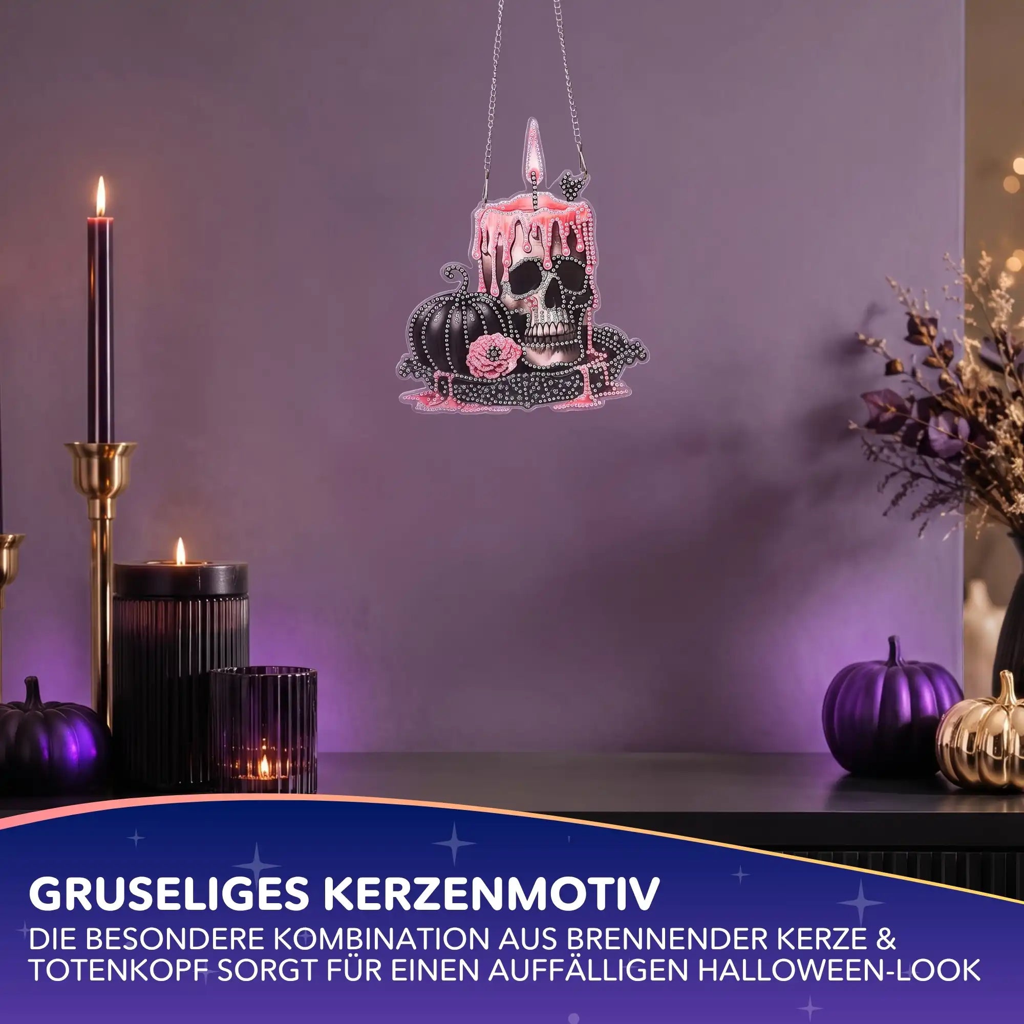 Diamond Painting Aufhänger Totenkopf-Kerze als Halloween-Deko mit funkelnden Steinen