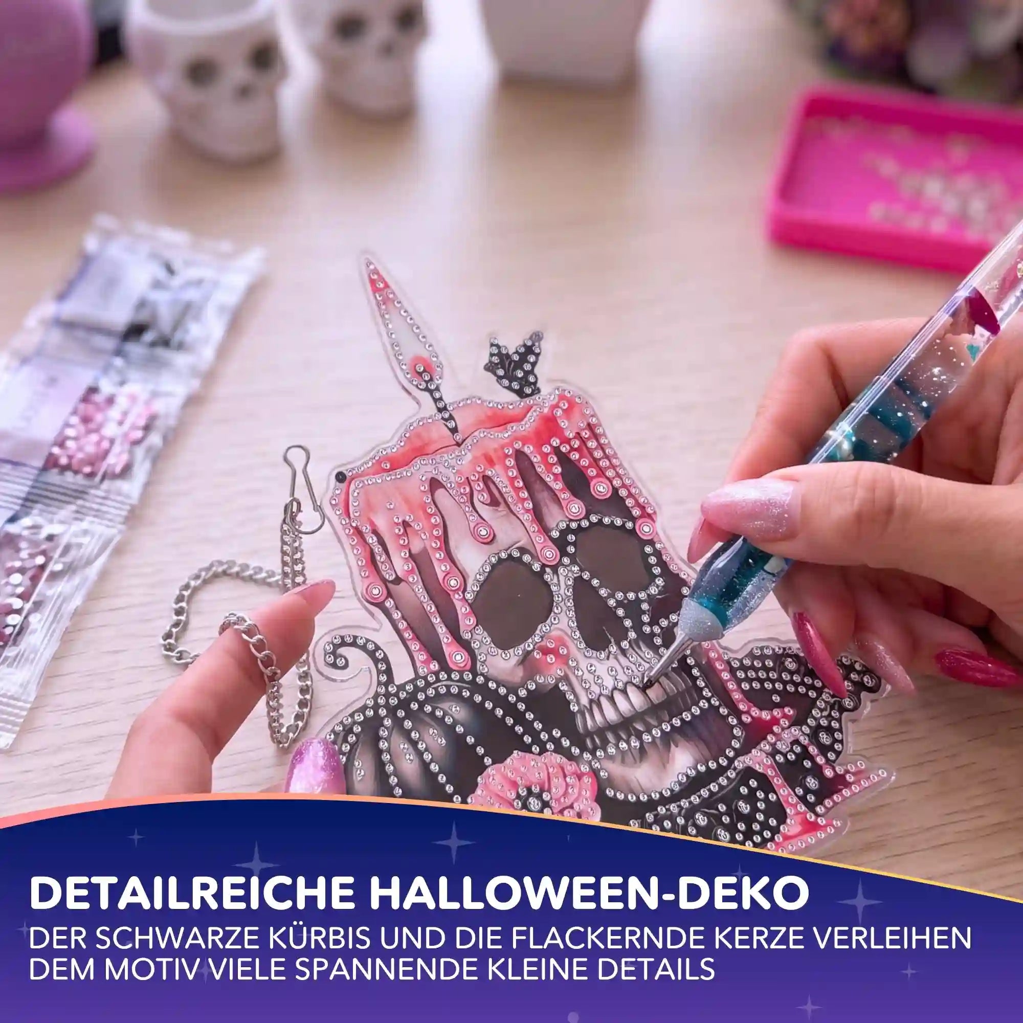 Diamond Painting Aufhänger Totenkopf-Kerze für Halloween mit glitzernden Steinchen und Zubehör zum Basteln