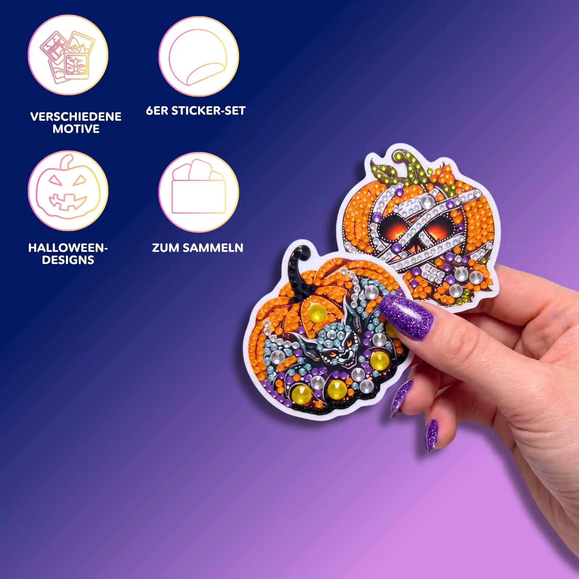 Hand hält glitzernde Diamond Painting Sticker mit Halloween Kürbis Motiven aus einem 6er DIY Bastelset