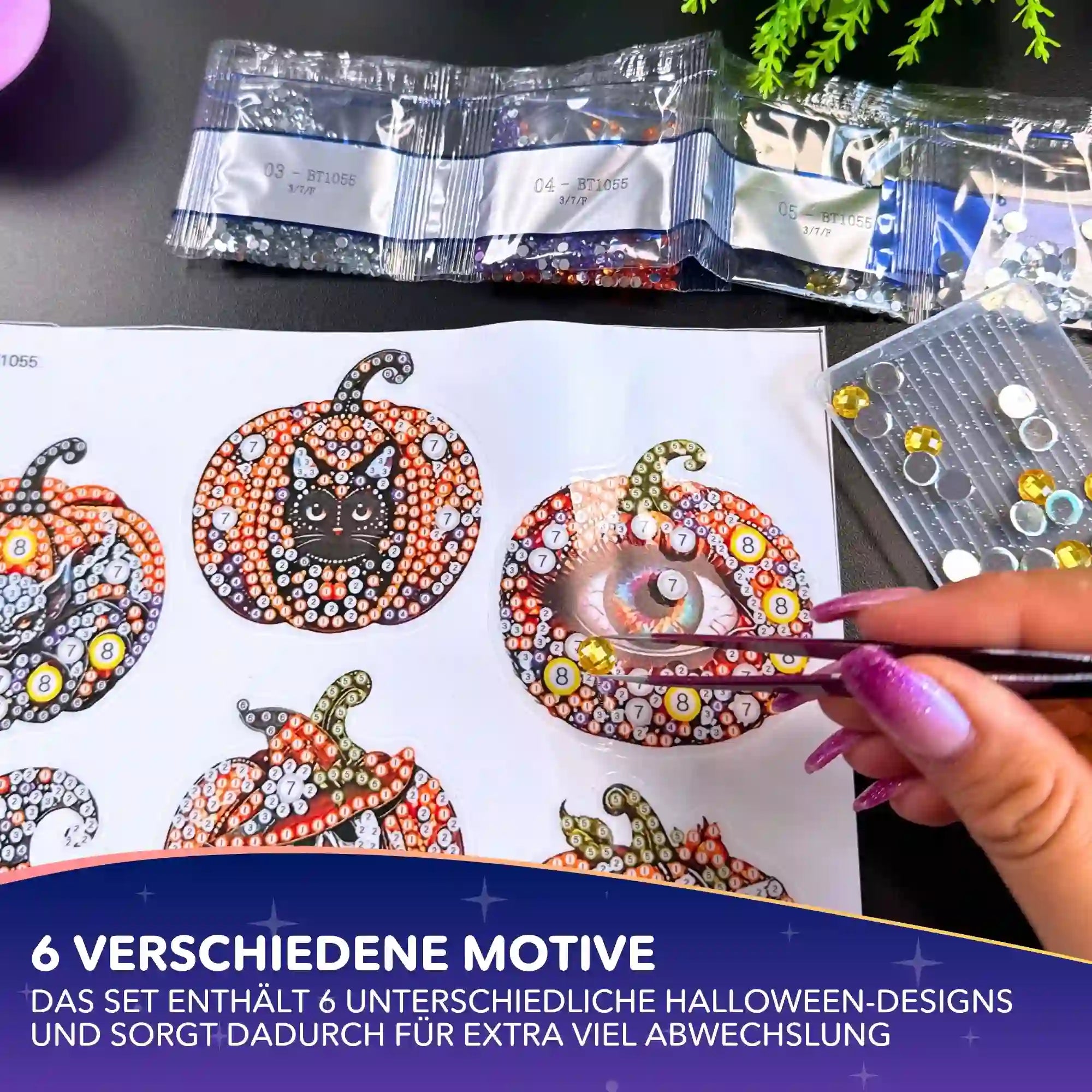 Diamond Painting Sticker Set mit Halloween Kürbis Motiven und bunten Glitzersteinen zur kreativen DIY-Gestaltung