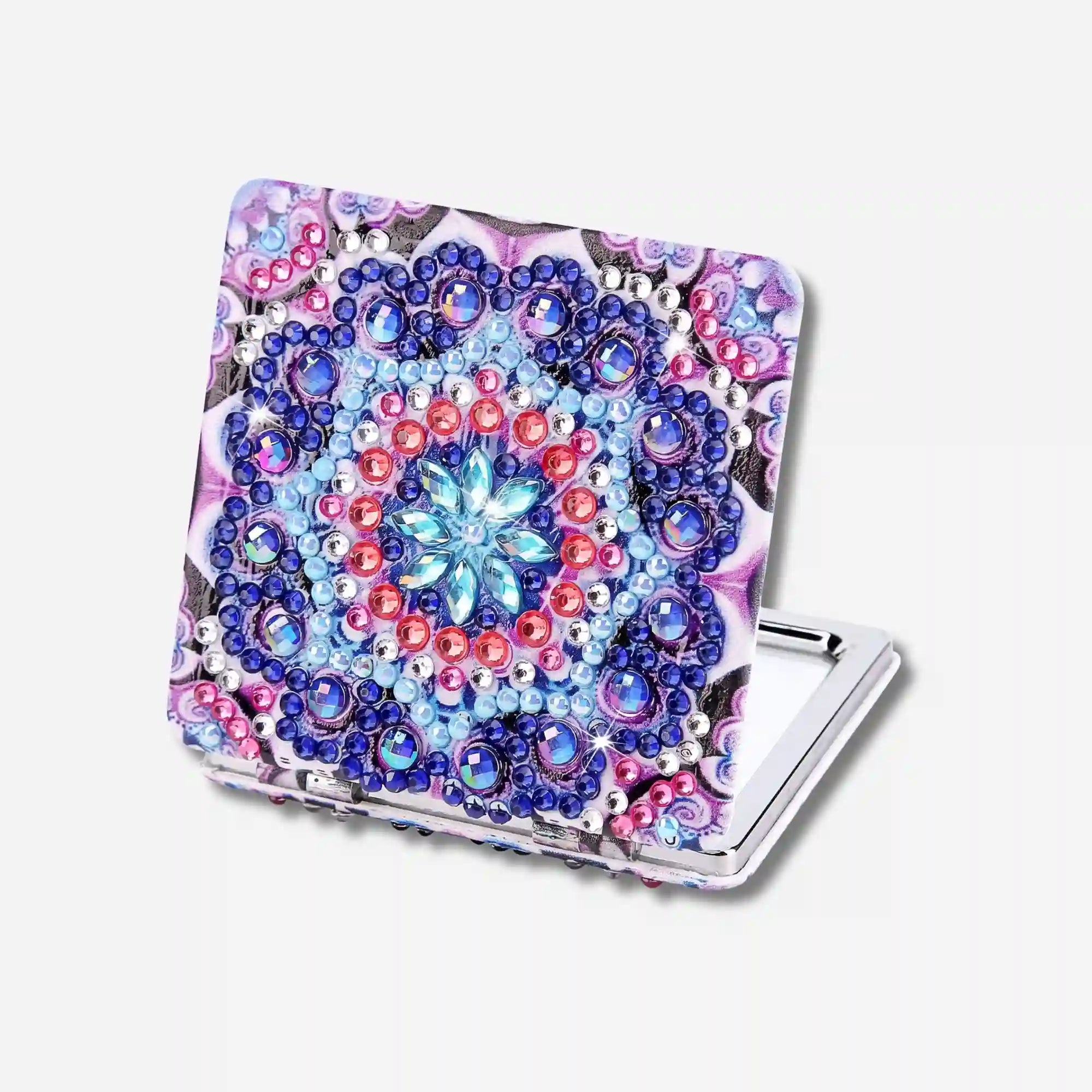 Diamond Painting Taschenspiegel mit buntem Mandala-Motiv und funkelnden, runden Strasssteinen